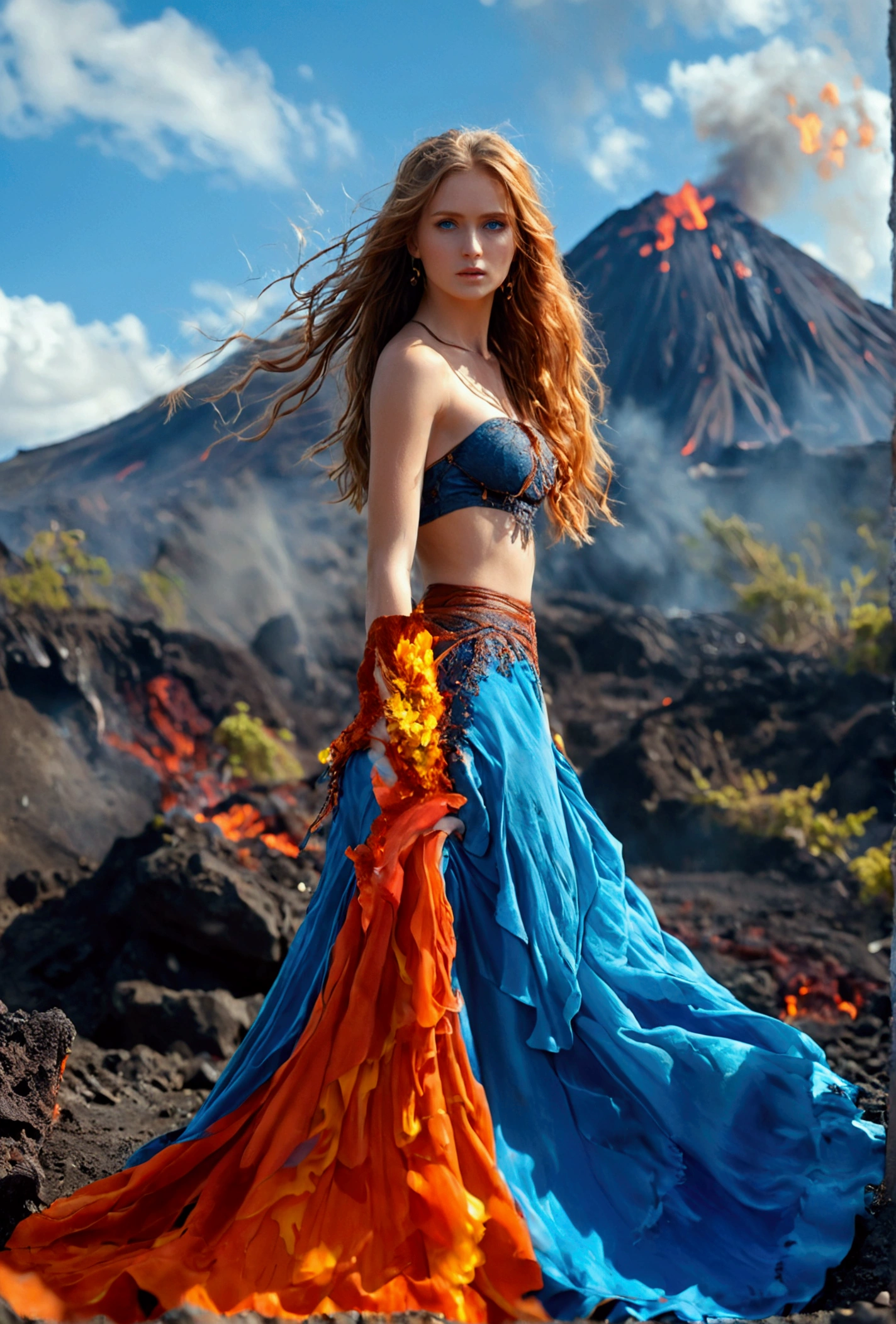 A dim volcano in the background,A long skirt made of magma,Beautiful goddess,Bright color pair,Beautiful blue eyes,((Look at the camera,Full body portrait))