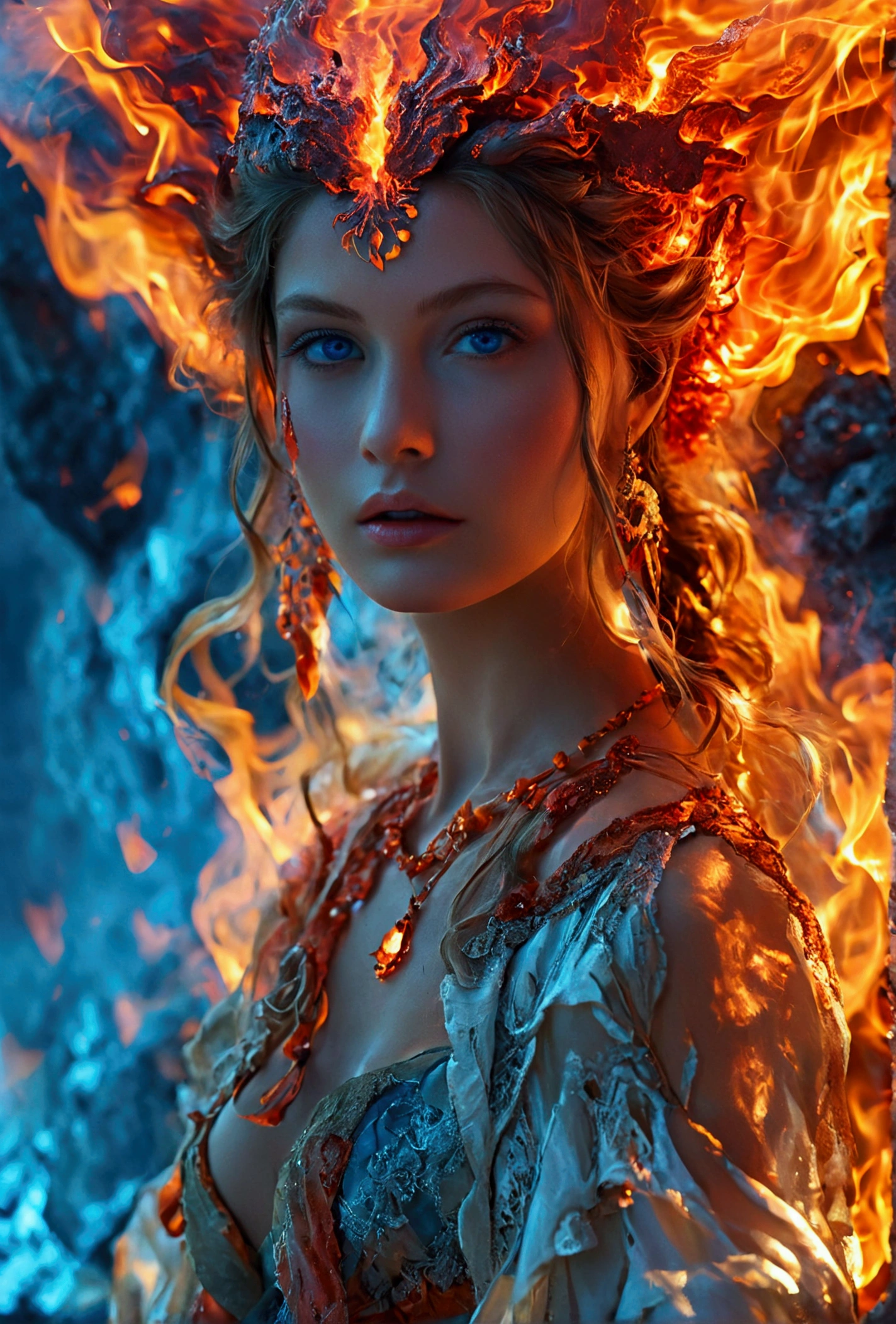 A dim volcano in the background,A long skirt made of magma,Beautiful goddess,Bright color pair,Beautiful blue eyes,((Look at the camera,Full body portrait))