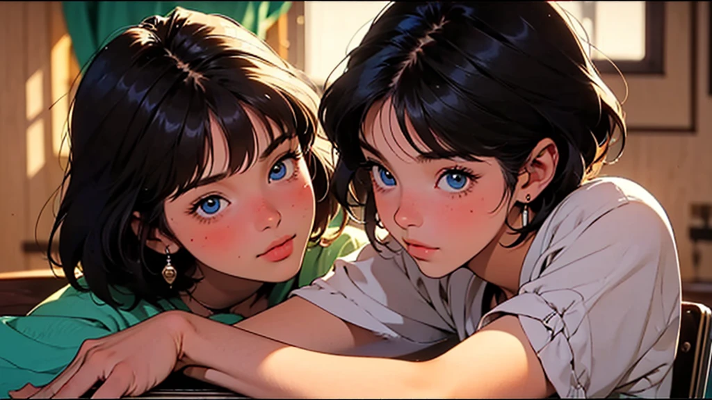 Style: 80s anime style, ultra-high resolution, super detailed, perfect lighting.
Main Character: A girl with short hair, blue eyes, and a small, rounded nose. She is facing forward with her face and torso aligned forward.
Accessory: The girl is holding and playing a guitar.
Setting: The scene is set in a bedroom with a window. Sunlight is coming through the window, illuminating the scene.
Action: The girl is looking at the guitar while her hands are playing it.
Additional Details: The background shows landscapes visible through the window.