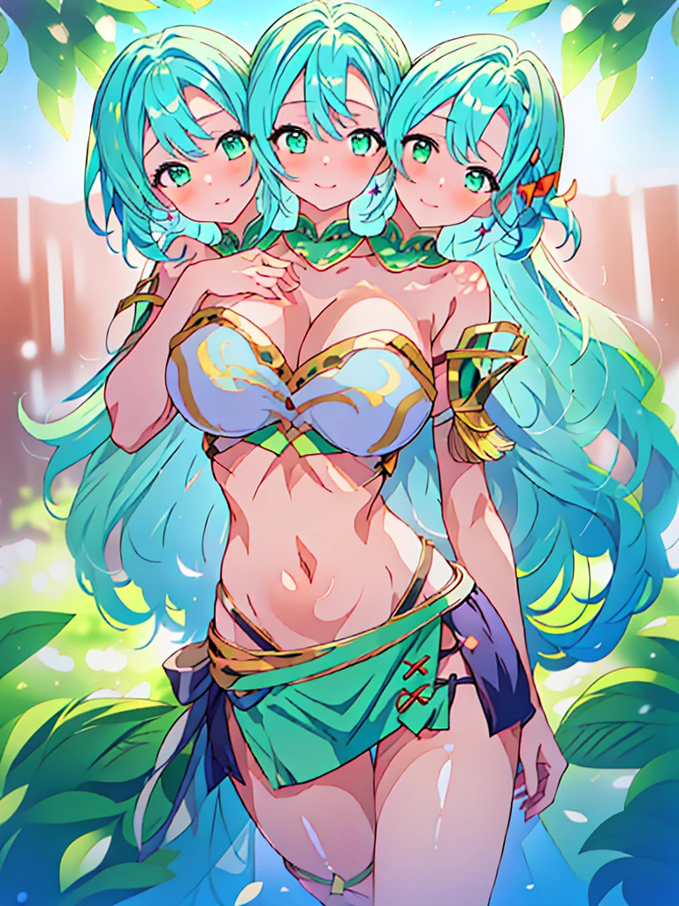 (masterpiece, best quality), best resolution, (3heads:1.5), 1girl, FEChloe, blue-green hair, flowing hair, smiling, soft smile, open belly, light green-white-light blue crop top, white miniskirt, open breasts, very huge tits, sexy pose, beautiful eyes, headband, blue eyes, alluring presence, beautiful eyes, detailed eyes,