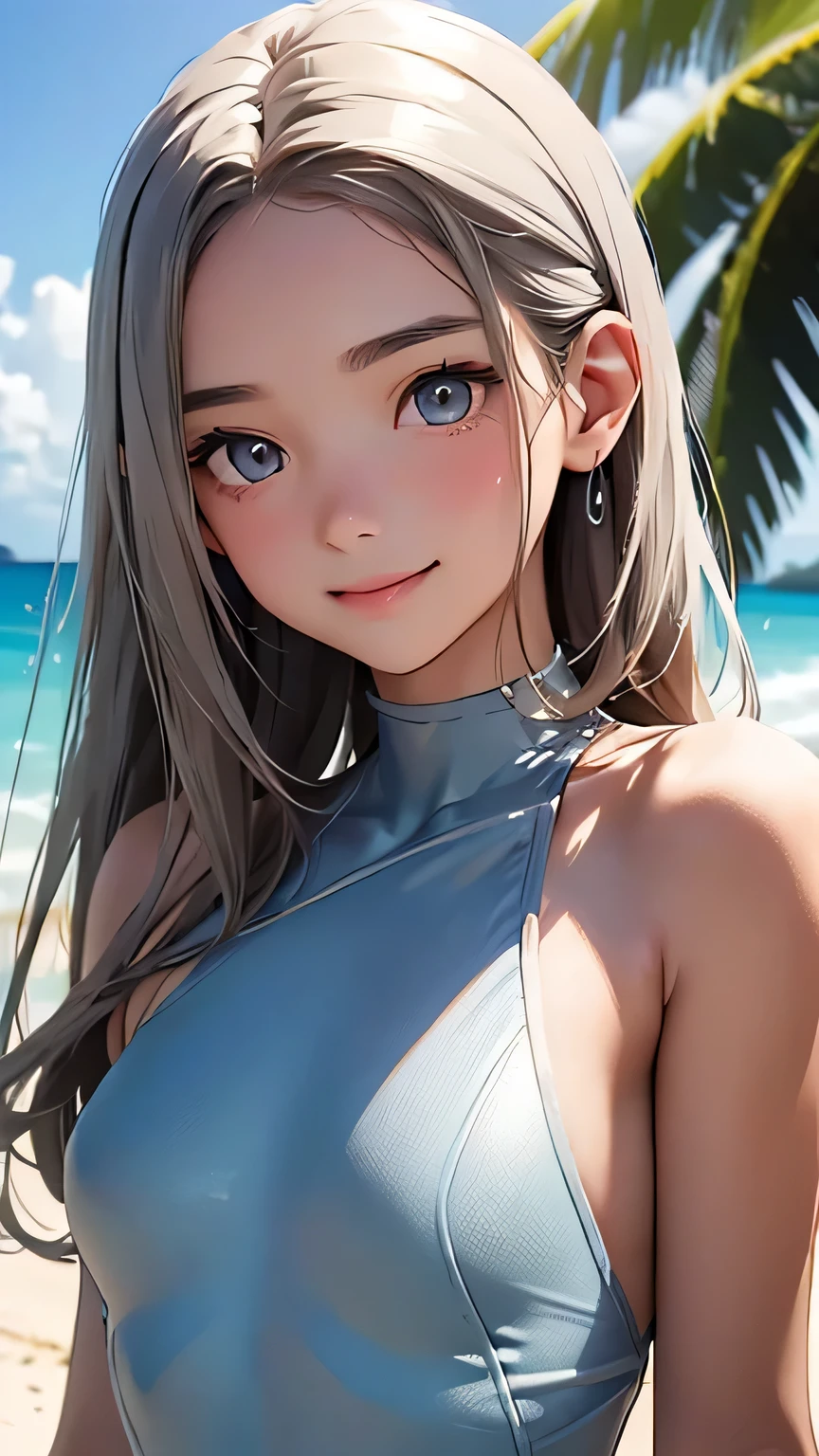 Highest quality、Realistic、girl、zoom、cute、Grey Eyes、Chestnut Hair、Back to all、the forehead is protruding、Light blue swimsuit、Muscular、Dark Skin、Ocean、Looking down、Big smile、Bust Shot、thin、Small breasts