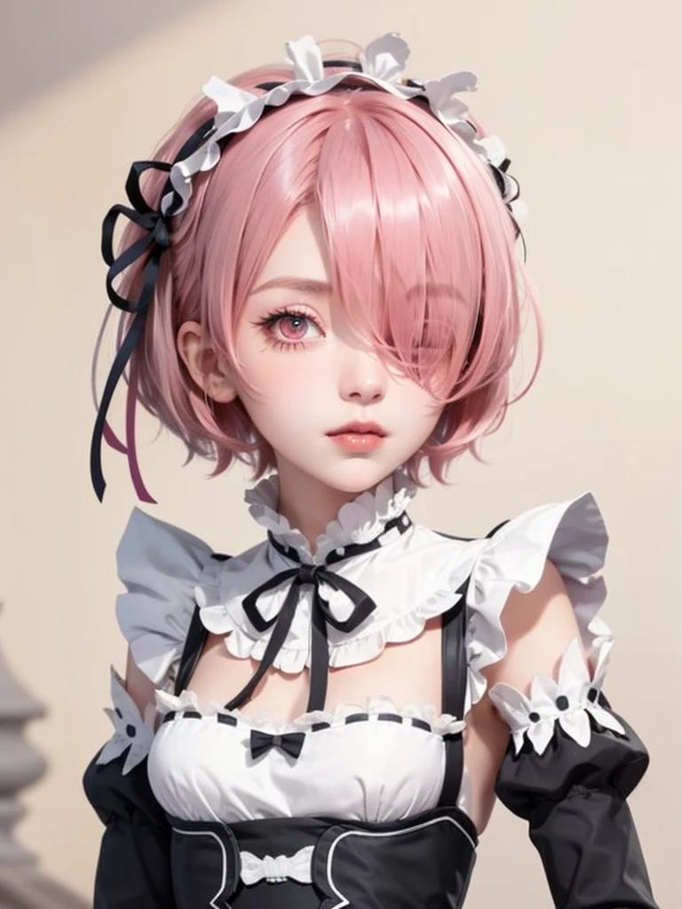 1girl, red eyes, medium breasts, pink hair, short hair, (hair over one eye:1.3), eyes_visible_through_hair, roswaal_mansion_maid_uniform, apron, white thighhighs, garter straps, standing, upper body