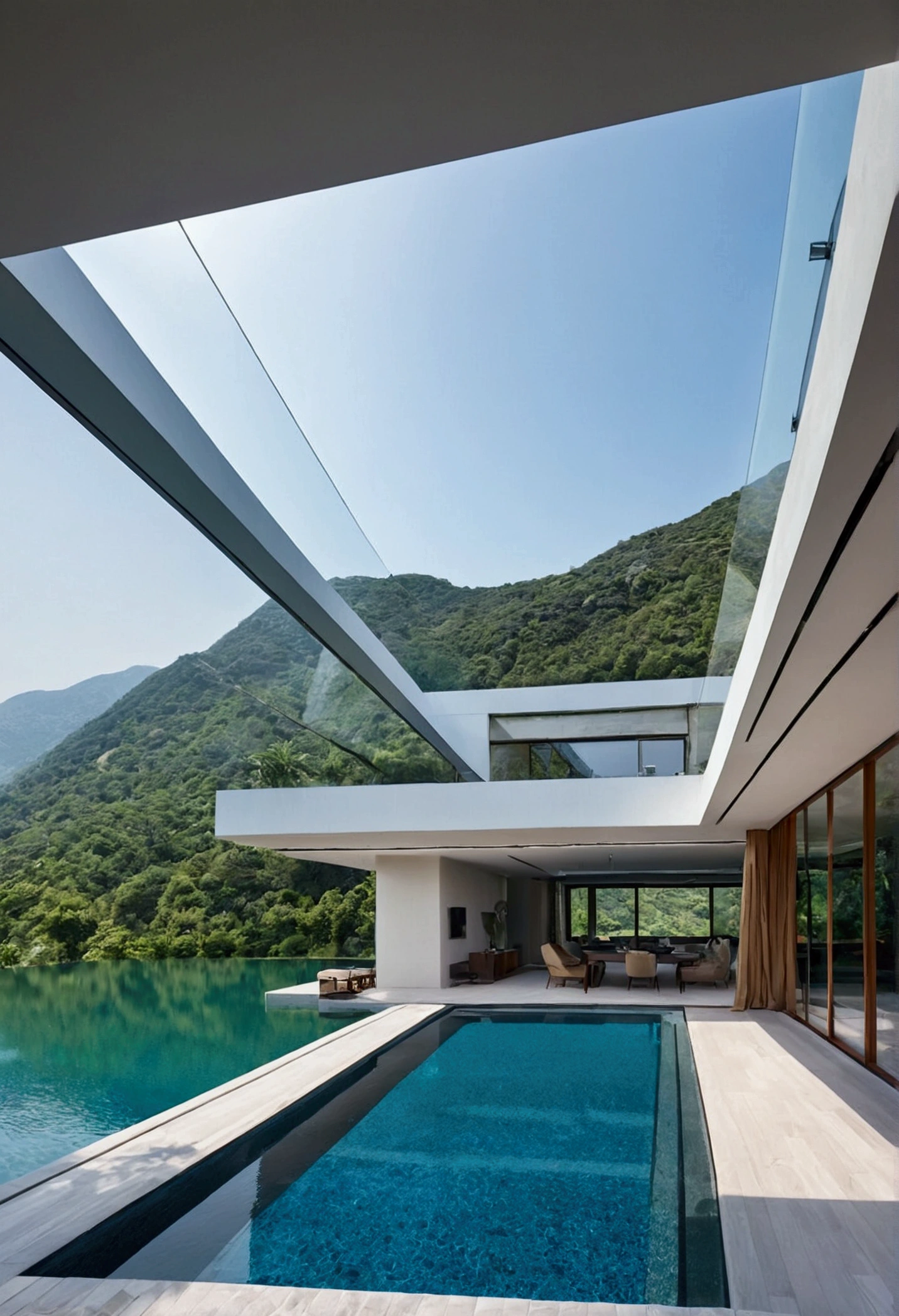 A home full of futuristic technology,三层architecture,Set against the mountains,Facing the lake,Huge swimming pool,现代architecture风格, Ultra-detailed photos,architecture,complex,trace, High Dynamic Range,Dynamic Lighting, Realistic, Natural soft lighting, 低H, masterpiece, Detailed 8k,There are a lot of details,Oversized floor-to-ceiling glass,The combination of technology and natural environment,Looks super cool,court,Luxury car