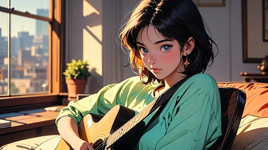 Style: 80s anime style, ultra-high resolution, super detailed, perfect lighting.
Main Character: A girl with short hair, blue eyes, and a small, rounded nose. She is facing forward with her face and torso aligned forward.
Accessory: The girl is holding and playing a guitar.
Setting: The scene is set in a bedroom with a window. Sunlight is coming through the window, illuminating the scene.
Action: The girl is looking at the guitar while her hands are playing it.
Additional Details: The background shows landscapes visible through the window.