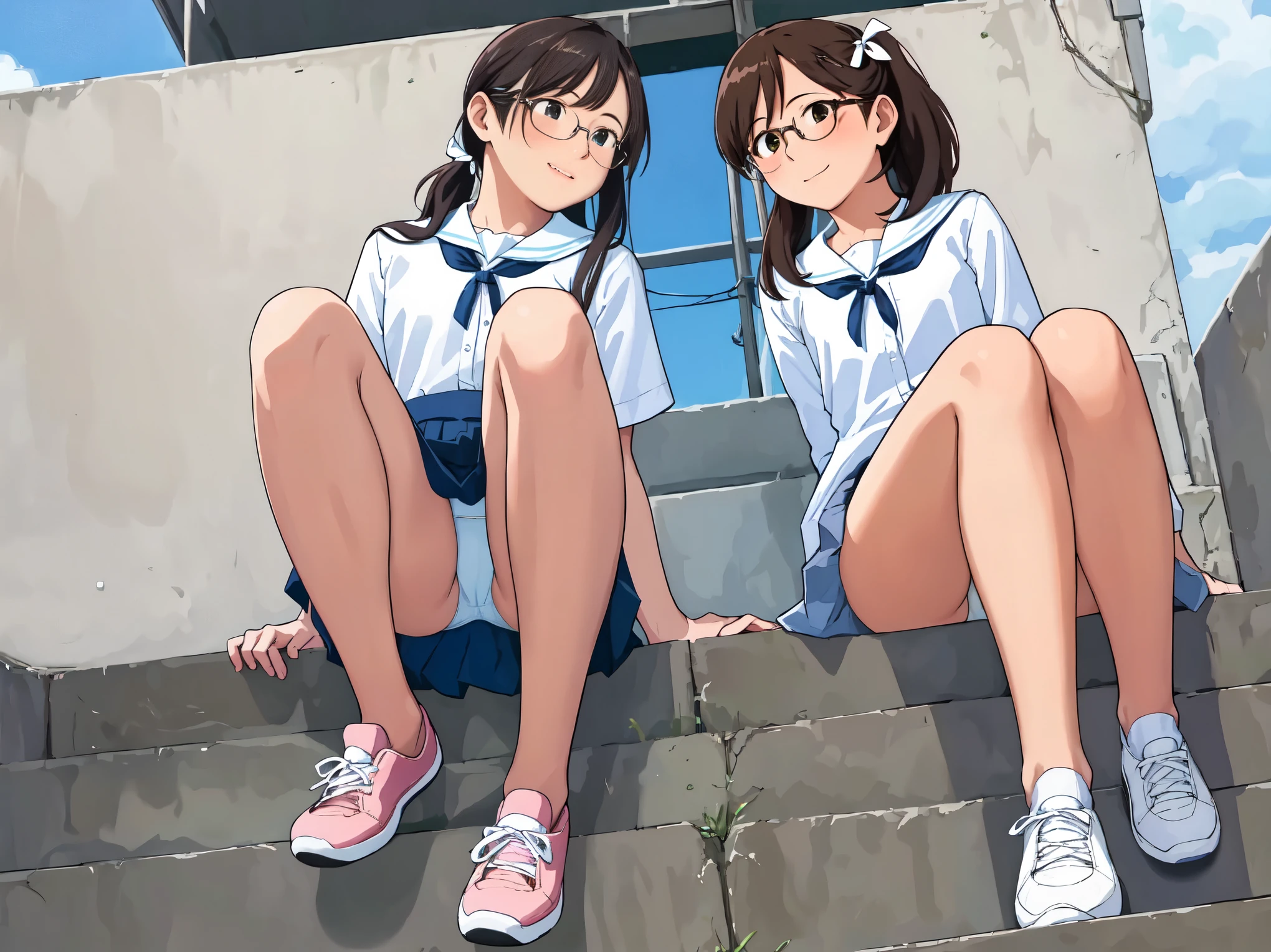 Highest quality, Ultra-high resolution, (Realistic: )2D official style cel animation,((２Girls sitting in a row))、brown、ponytail、White Big Ribbon、Glasses、Blue Check Mini Skirt,Summer Shirts,Unbutton、(Lace panties),loose socks,sneakers,Full body portrait,(From below),Station stairs,sunny,Spread your legs、from the front、blush、