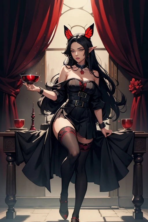 unexpressive,,(black fantasy),((marvelous illustration)),(Splash of details), long black hair, red students, Kizi, sheer black dress, only the collar, cuffs and skirt are dark red, ears Attached to the side is a red butterfly buckle, work of art, best qualityer, high qualiy, helmet,, red and black crystal necklace, black knee high socks