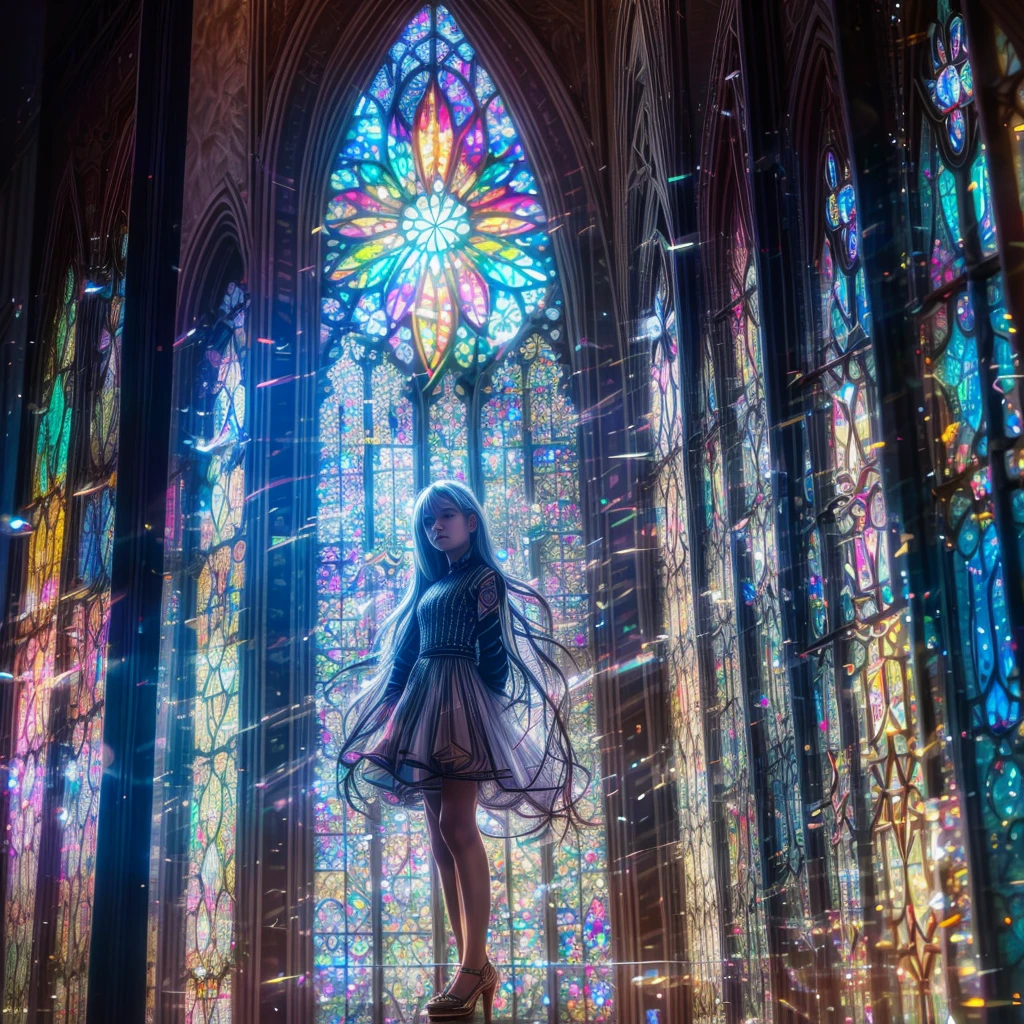  (Cathedral from below:1.28) (ZoomLayer) TopQuality 8K masterpiece of ((Professional photo)), (((Clarisse de Cagliostro))) (Detailed White WeddingDresses), Chain, (((Extremely detailed KAWAII face))) {((VeiledFace))|BlondeHair|(Elaborate BuleEyes)with(SparklingHighlights:1.28)}, The background is distant (((Elaborate stained glass))) Rainbow Glass, {(MysticSight)|EnchantingAtmosphere|Haze|(GodRays)|TyndallEffect}, Radiant PearlSkin with Transparency, (Exposed:0.39)