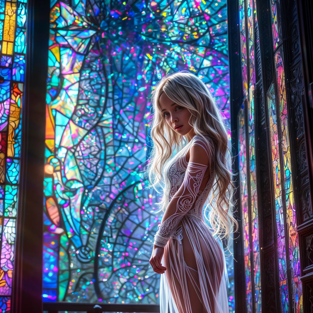 (Cathedral from below:1.28) (ZoomLayer) TopQuality 8K masterpiece of ((Professional photo)), (((Clarisse de Cagliostro))) (Detailed White WeddingDresses), Chain, (((Extremely detailed KAWAII face))) {((VeiledFace))|BlondeHair|(Elaborate BuleEyes)with(SparklingHighlights:1.28)}, The background is distant (((Elaborate stained glass))) Rainbow Glass, {(MysticSight)|EnchantingAtmosphere|Haze|(GodRays)|TyndallEffect}, Radiant PearlSkin with Transparency, (Exposed:0.39)