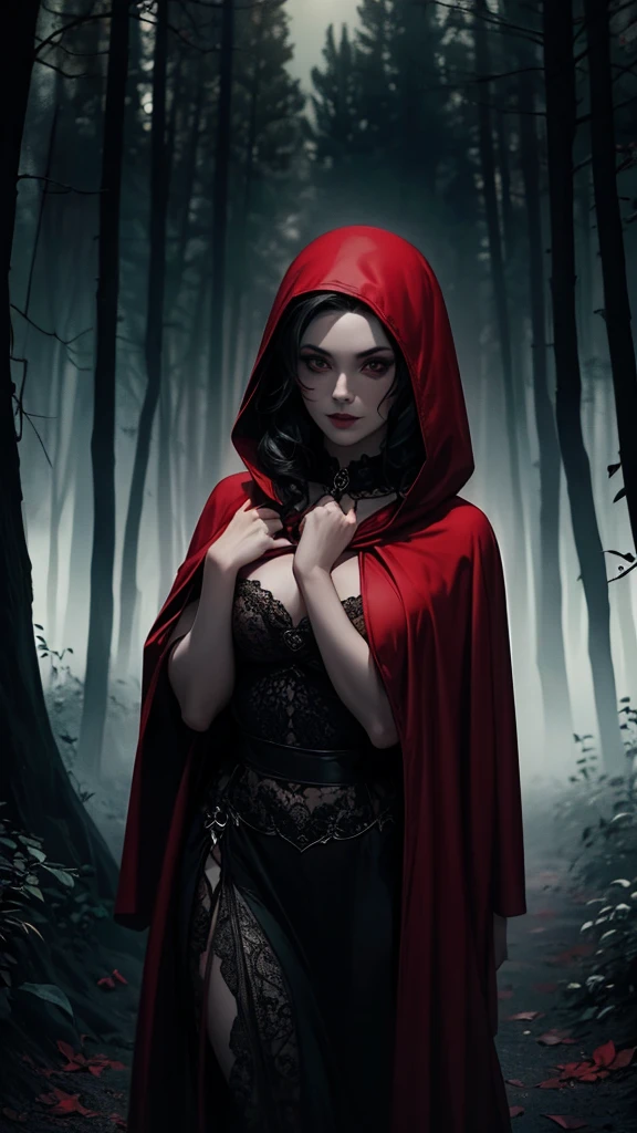 "A 1970s-style photo of Little Red Riding Hood, reimagined in a dark fantasy style by Tim Burton. The image should have a dark and mysterious atmosphere, with tones of black, red, and gray. Little Red Riding Hood should wear a worn red cloak and hood, set in a dark and twisted forest with gothic and fantastical elements typical of Burton, such as oddly shaped trees and a cloudy sky with a pale moon."