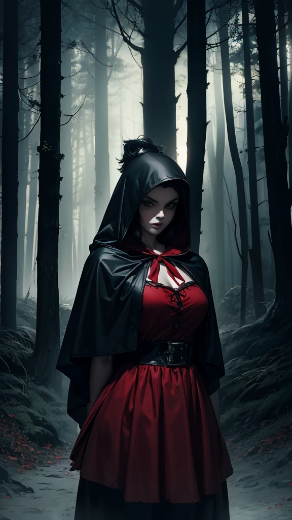 "A 1970s-style photo of Little Red Riding Hood, reimagined in a dark fantasy style by Tim Burton. The image should have a dark and mysterious atmosphere, with tones of black, red, and gray. Little Red Riding Hood should wear a worn red cloak and hood, set in a dark and twisted forest with gothic and fantastical elements typical of Burton, such as oddly shaped trees and a cloudy sky with a pale moon."