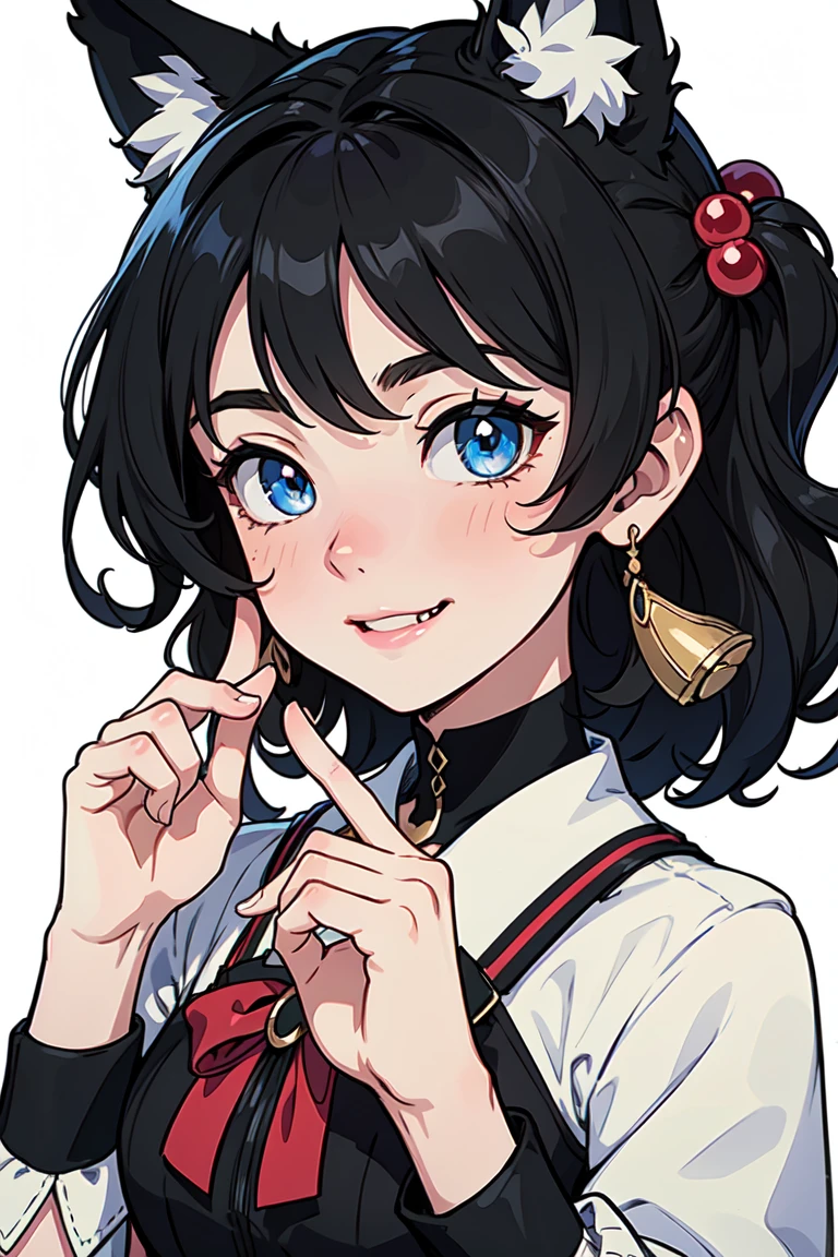 black hair, hair bobbles, wince, longeyelashes, solid circle eyes, fake animal ears, light smile, ear blush, fang, ccurate, ((beautiful eyes)), ((beautiful hands and fingers)), ((beautiful hair)), white background, light smile, Surrealism, drop shadow, high detail, Conceptual art, anime style, 8k, super detail, (best quality), (((masterpiece))), (((high quality))), UHD, retina, masterpiece, accurate, anatomically correct, super detail, high details, high quality, best quality, HD, 4K, 8k, 16k, highres