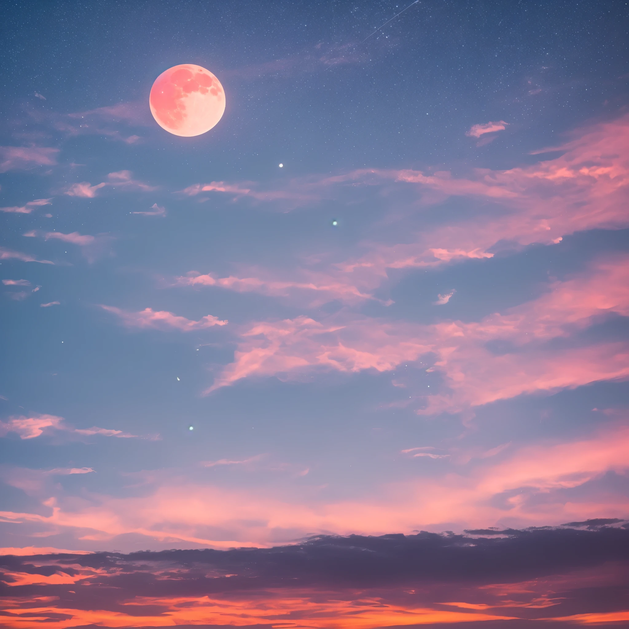 a pink moon in the sky with clouds and stars, a picture by Anna Haifisch, trending on unsplash, aestheticism, pink moon, ☁🌪🌙👩🏾, giant pink full moon, ✨🕌🌙, heaven pink, pink skies, beautiful as the moon, pink clouds, the sky is pink, moon in the sky