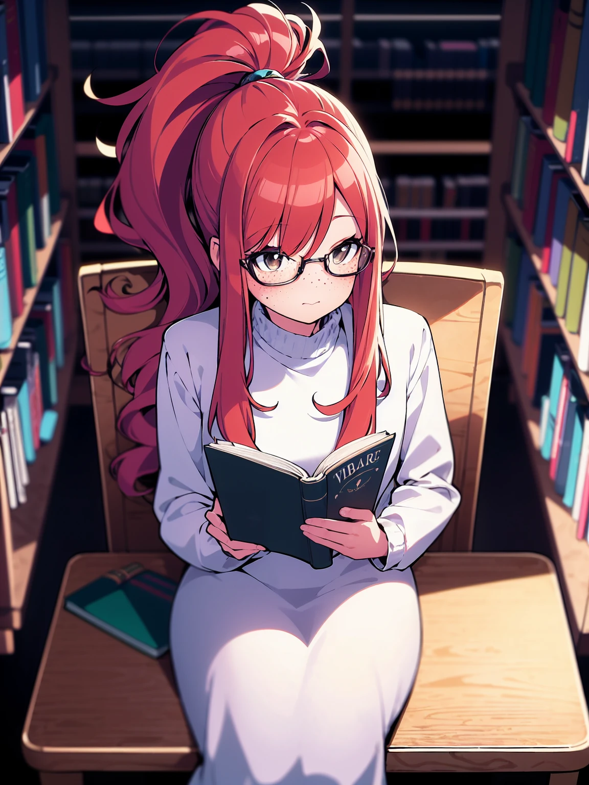 from above, colorful, (best quality, ultra-high resolution, depth of field:1.2), 1woman, long red hair, ponytail, hazel eyes, freckles, slender build, white dress, glasses, (library background), focused and serene, sitting, reading a book