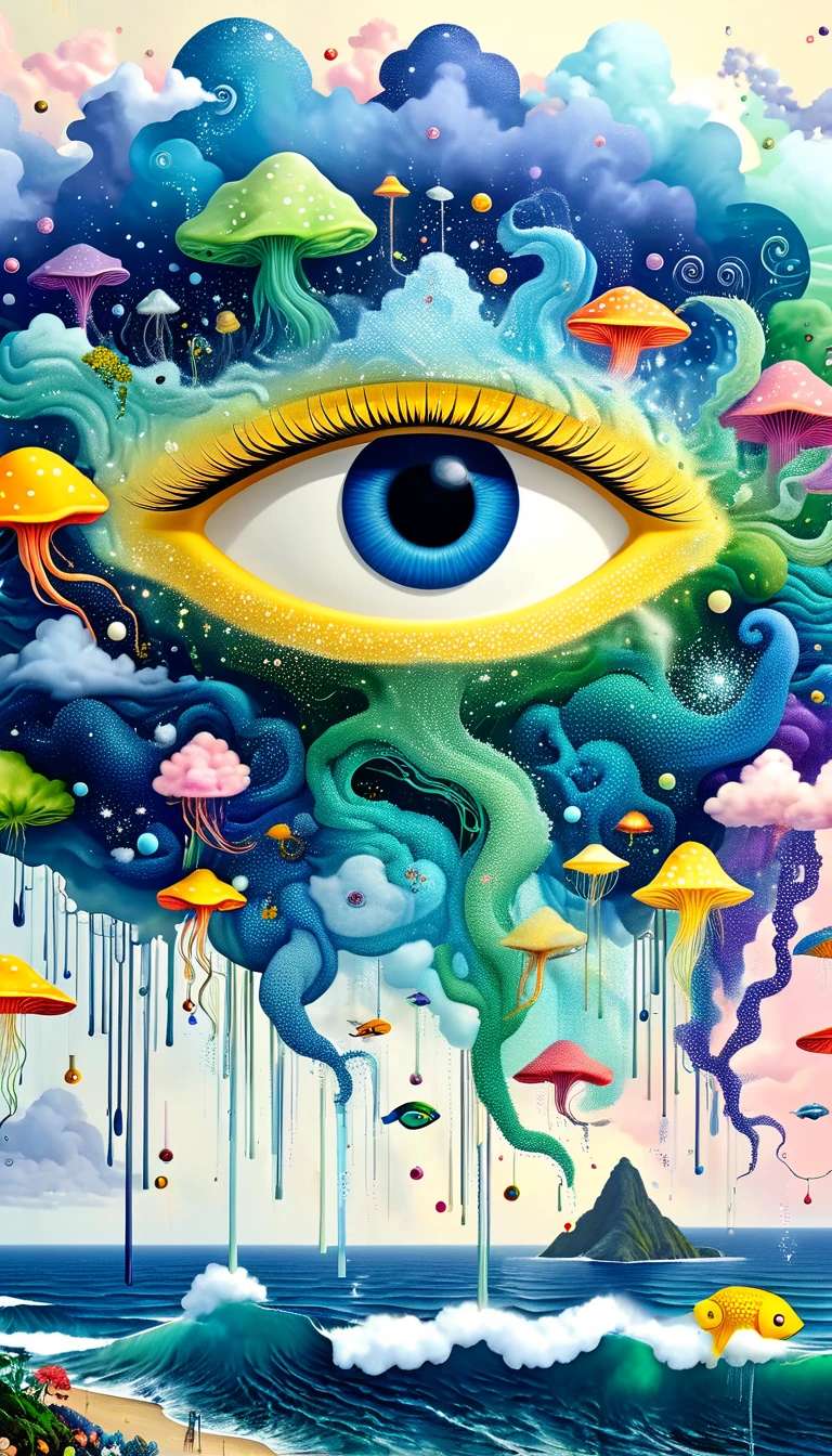 Strong visual fusion of multiple elements，Broto，来自Star的艺术家，Dopamine color scheme，house、Eye、pearl珠帘、pearl、Star、cloud、fish、Spore powder、Ocean、rain、Tentacles，Describing the inner world of autistic people，密集Pointillism method。Smooth lines。interesting，Strange illustration。Pointillism method。Strong contrast。Award-winning works。