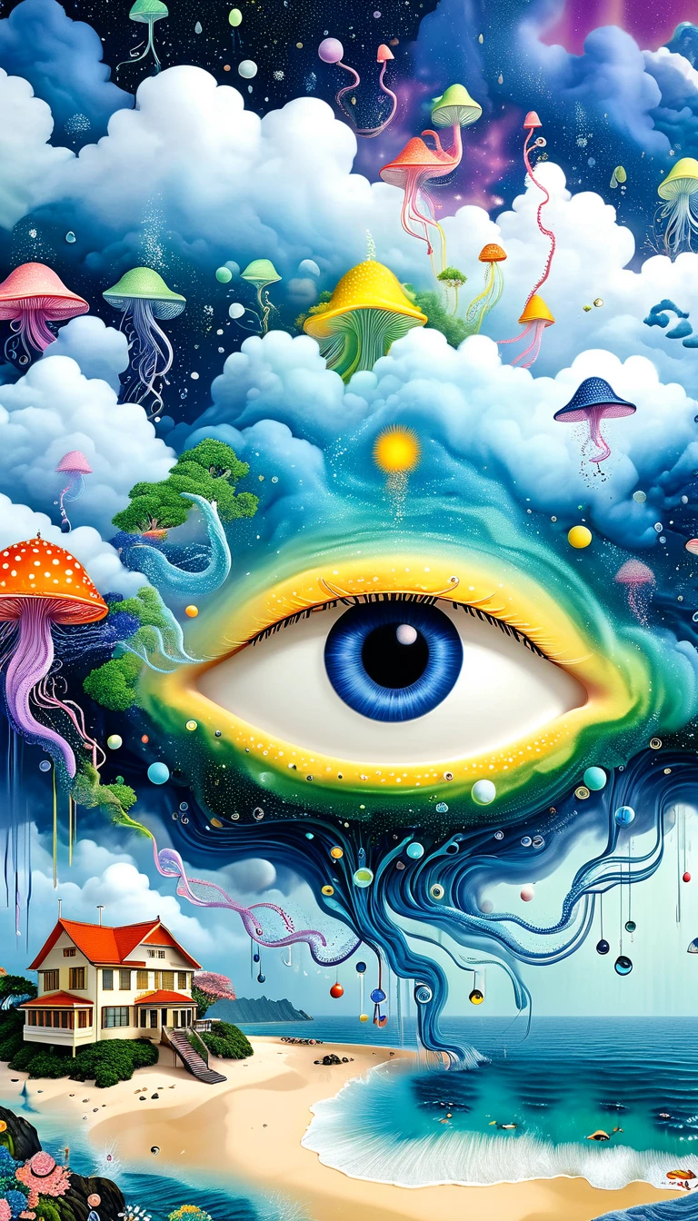 Strong visual fusion of multiple elements，Broto，来自Star的艺术家，Dopamine color scheme，house、Eye、pearl珠帘、pearl、Star、cloud、fish、Spore powder、Ocean、rain、Tentacles，Describing the inner world of autistic people，密集Pointillism method。Smooth lines。interesting，Strange illustration。Pointillism method。Strong contrast。Award-winning works。
