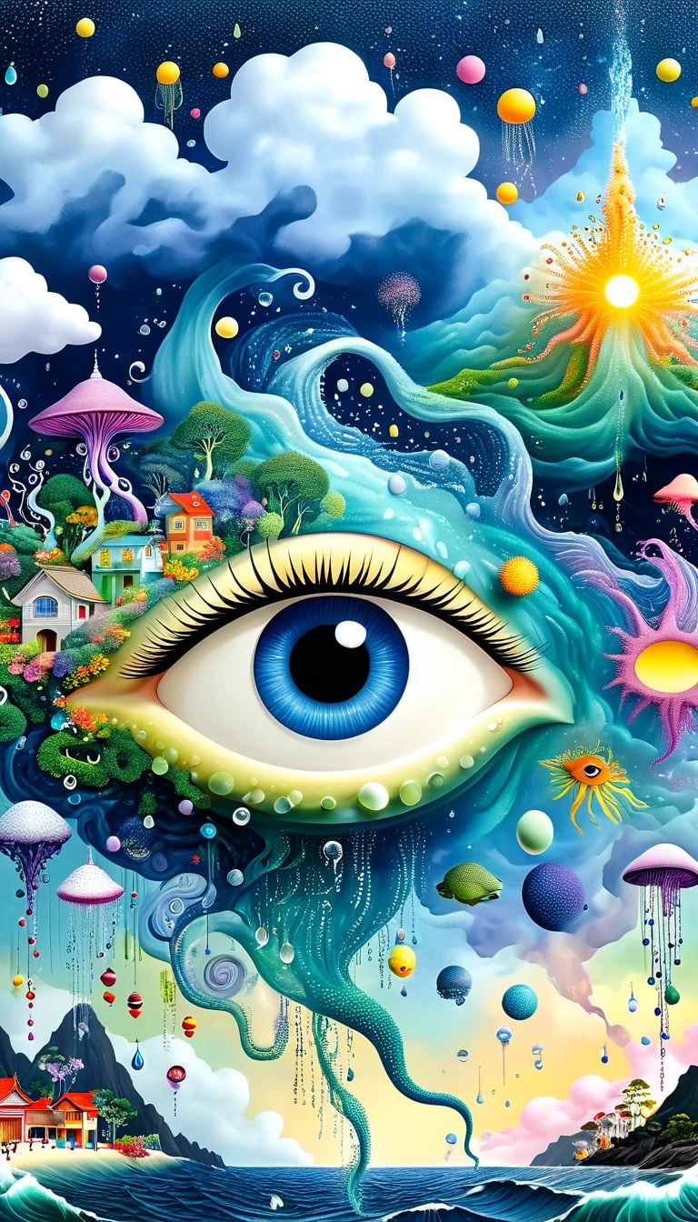 Strong visual fusion of multiple elements，Broto，来自Star的艺术家，Dopamine color scheme，house、Eye、pearl珠帘、pearl、Star、cloud、fish、Spore powder、Ocean、rain、Tentacles，Describing the inner world of autistic people，密集Pointillism method。Smooth lines。interesting，Strange illustration。Pointillism method。Strong contrast。Award-winning works。