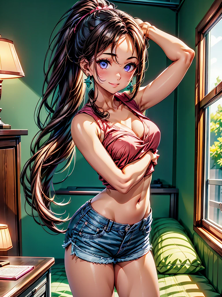 1girl, solo, beautiful girl, brunette skin, purple eyes, detailed anime style, perfect anatomy, perfect hands, narrow waist, medium , long hair, brown hair, high ponytail, asymmetrical bangs, blue eyes, detailed eyes, blush, emerald earrings, pink shirt, shirt lift, denim shorts, cleavag, midriff, bare arms, bare shoulders, smile, standing, perfect hands, arm up, indoors, bed, desk, bedroom, night, night time, dim light, window, stuffed animals, high quality, dark background, lights off, leaning forward,
