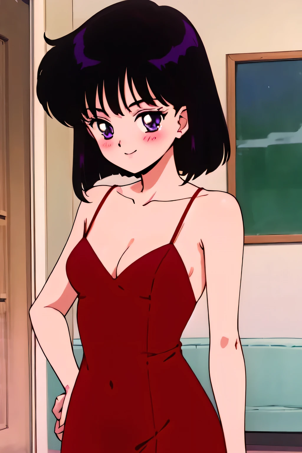 1990s \(style\), Best quality, masterpiece, ager, Hotaru Tomoe, black bob hair, purple eyes, Smile, Bare Neck, Bare Arms, Bare Shoulders, red dress, taut dress, spaghetti strap red skin tight dress, sleeveless, medium breast, standing up, right hand on hip, left hand on knee, blush, looking at viewer, indoor, in the center, cleavage