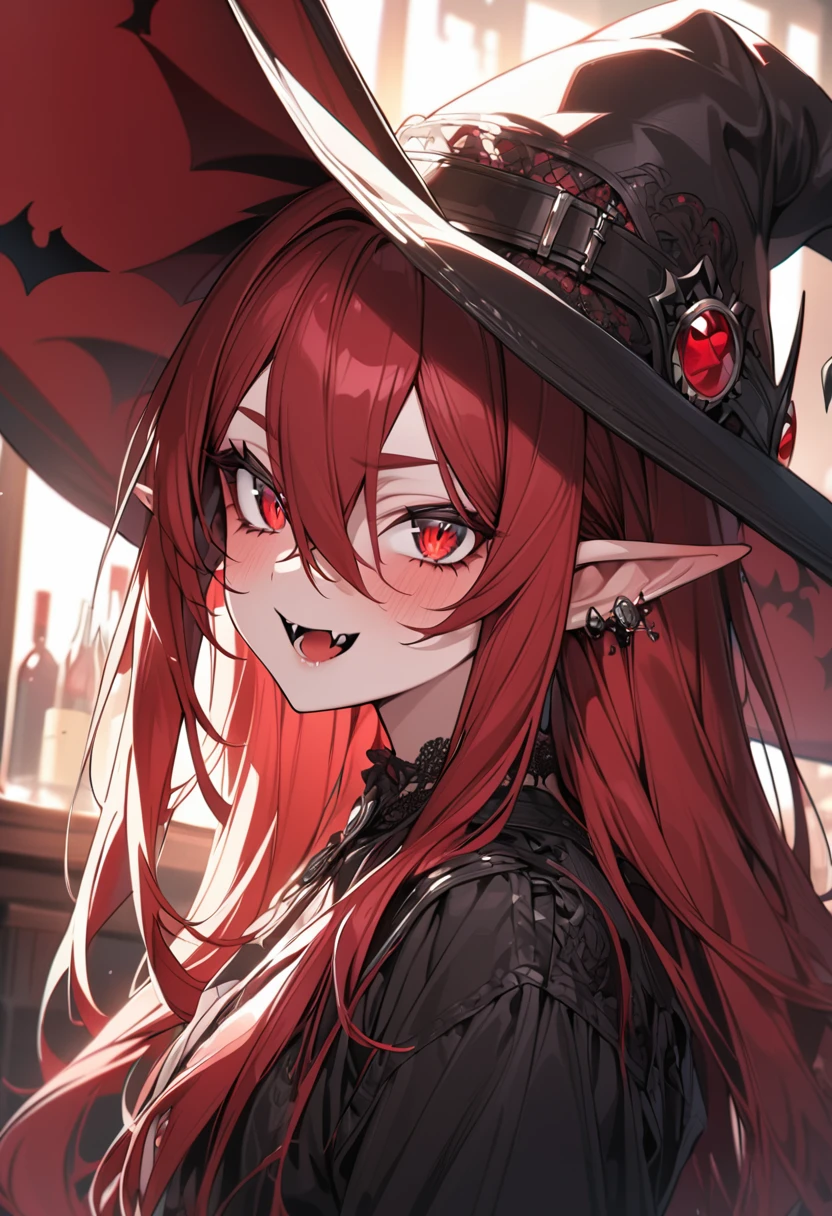 anime girl, long straight hair, wine red hair, Red eyes, Elf's ears, vampire fangs, witch hat, detailed eyes, ultra detailed, high quality, teenager,