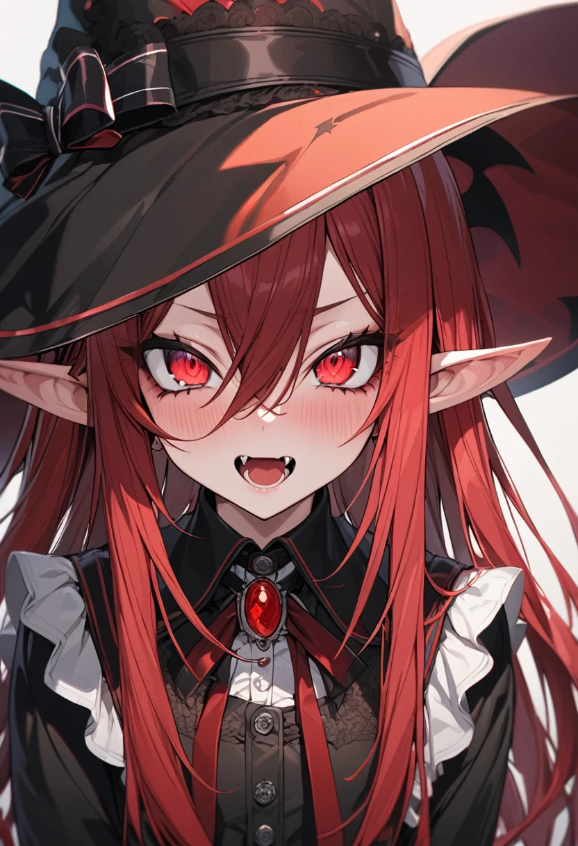 anime girl, long straight hair, wine red hair, Red eyes, Elf's ears, vampire fangs, witch hat, detailed eyes, ultra detailed, high quality, teenager,