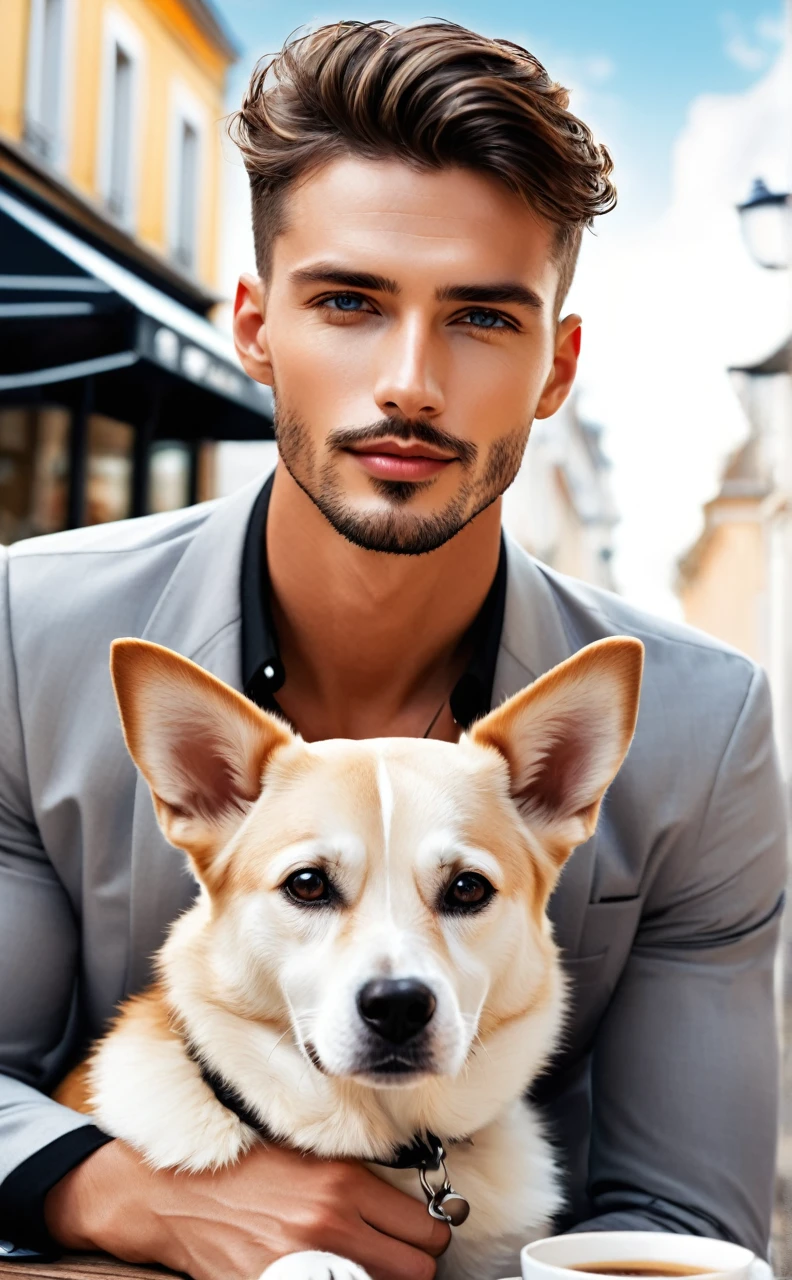handsome man fashion model with dog, photographed in front of a cafe terrace, magazine cover, simply beautiful