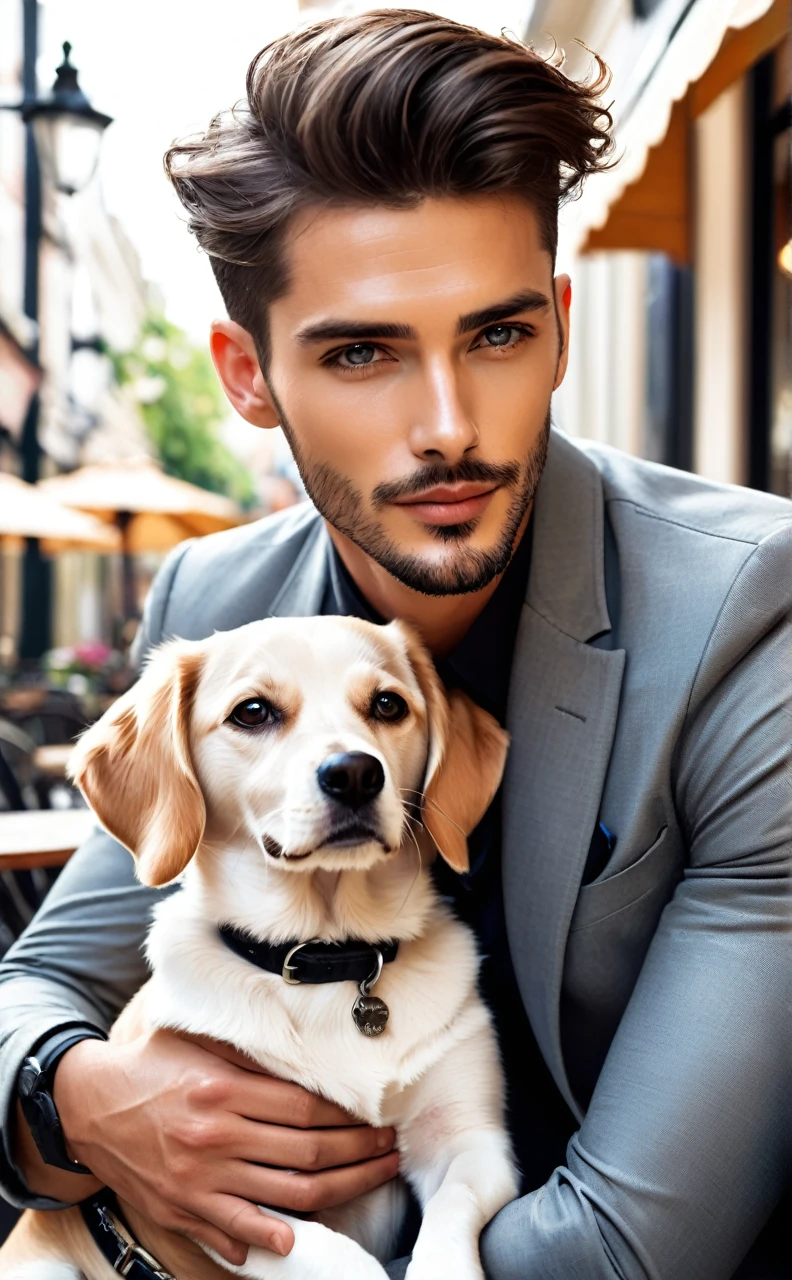 handsome man fashion model with dog, photographed in front of a cafe terrace, magazine cover, simply beautiful