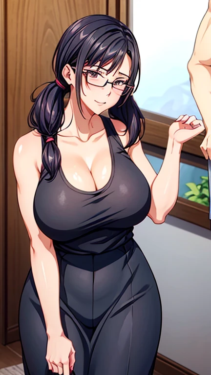 1 milf & 1 guy, twintail hair, wearing glasses, wearing a black tank top that showing her cleavage, full body, hot pose, a milf fuck with a guy, cum shot,