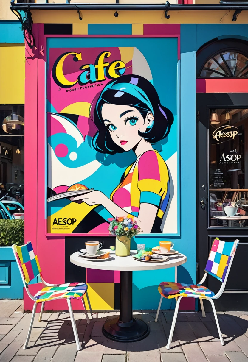conceptual installation cute pop art, 2.5D, delicate and dynamic, style that combines Disney, Grimm, Aesop and Andersen, fashion model, photographed in front of a cafe terrace, magazine cover-like, shading, colorful patchwork of contrast magic, conceptual installation pop art, abstract effects