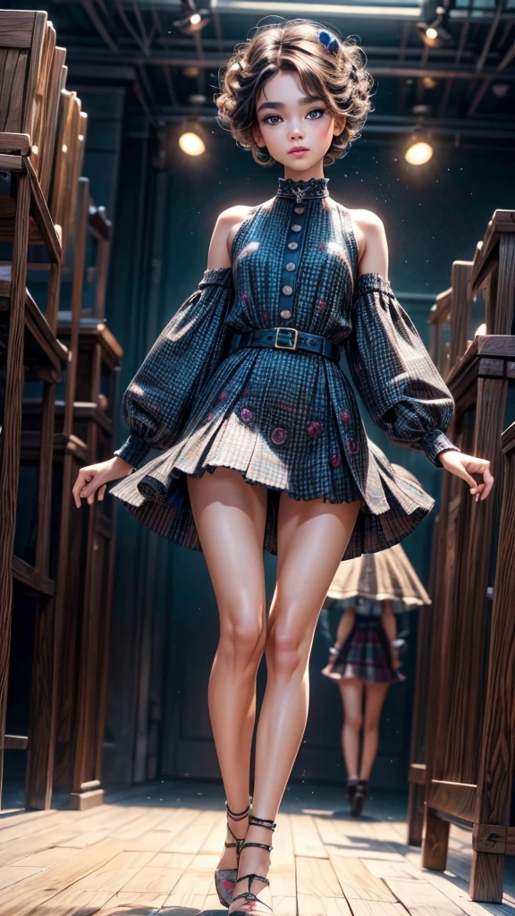 A beautiful young fashion model, 12 years old, full body, wearing an eccentric outfit, comically jumping and walking down the runway, detailed face, large eyes, long eyelashes, beautiful lips, intricate hairstyle, (best quality,4k,8k,highres,masterpiece:1.2),ultra-detailed,(realistic,photorealistic,photo-realistic:1.37),vibrant colors, dynamic lighting, cinematic composition, fashion photography, whimsical, playful