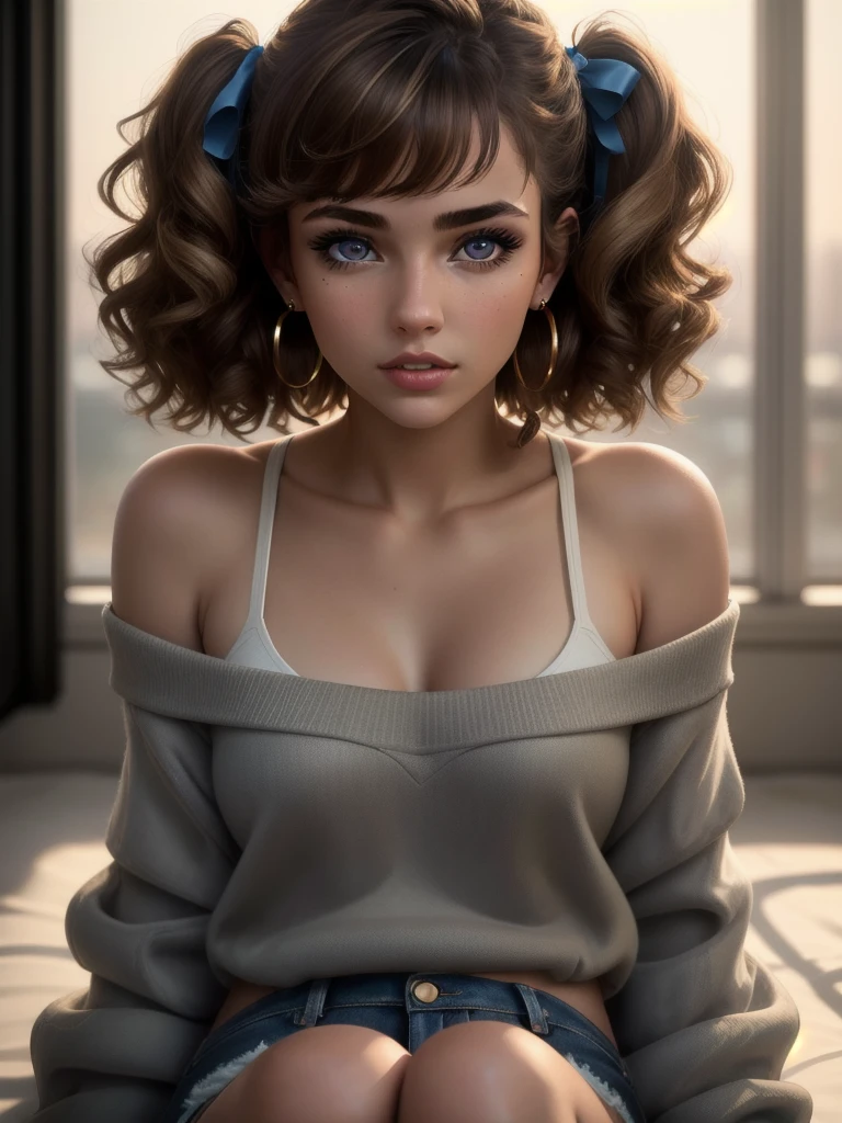 illustration, style of Philip Lorca diCorcia, cinematic film still portrait of young girl aged 18 yrs old, 1girl, solo, Instagram model, athletic figure, pretty face, wearing an off the shoulder brown sweater, wearing jean shorts, light brown hair, short curly hair, crossed bangs, constricted pupils, hair ribbon, hoop earrings, cinematic lighting, Ultra-Wide Angle, Canon, Hyperrealism, UHD, masterpiece, textured skin, high details, best quality, detailed eyes, detailed iris, close up view full body photo