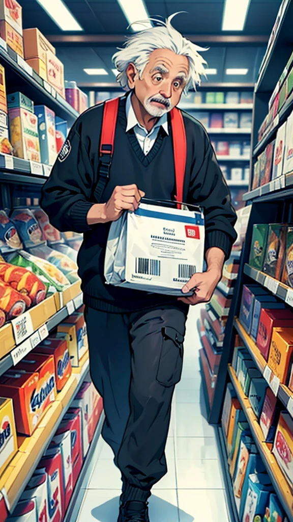 Create an image depicting Albert Einstein in a store, noticing someone committing shoplifting. Show Einstein in the foreground with a surprised or concerned expression as he observes the person taking items without paying. The background should include the store setting with visible shelves and products. Emphasize Einstein's realization of the wrongdoing. Ensure that there is no text in the image.