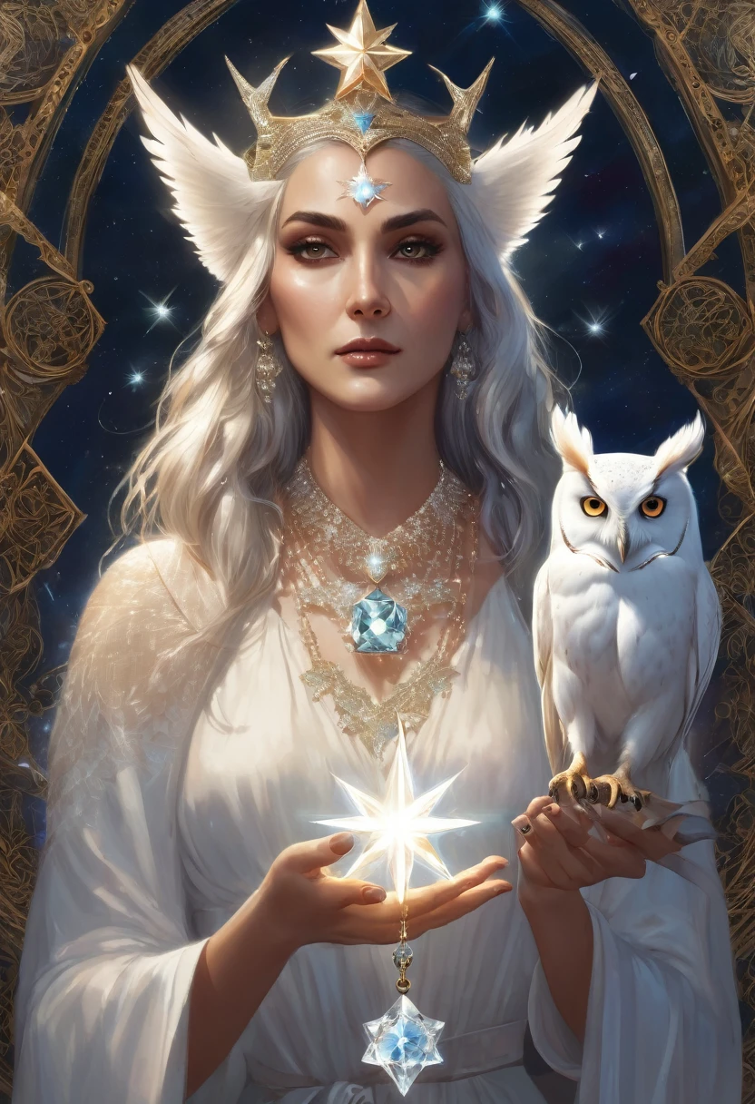 a beautiful woman and powerful witch, holding a shining star in her right hand and a white owl in her left hand, wearing a diamond-shaped crystal necklace, with a white 6-pointed star shining on her head.