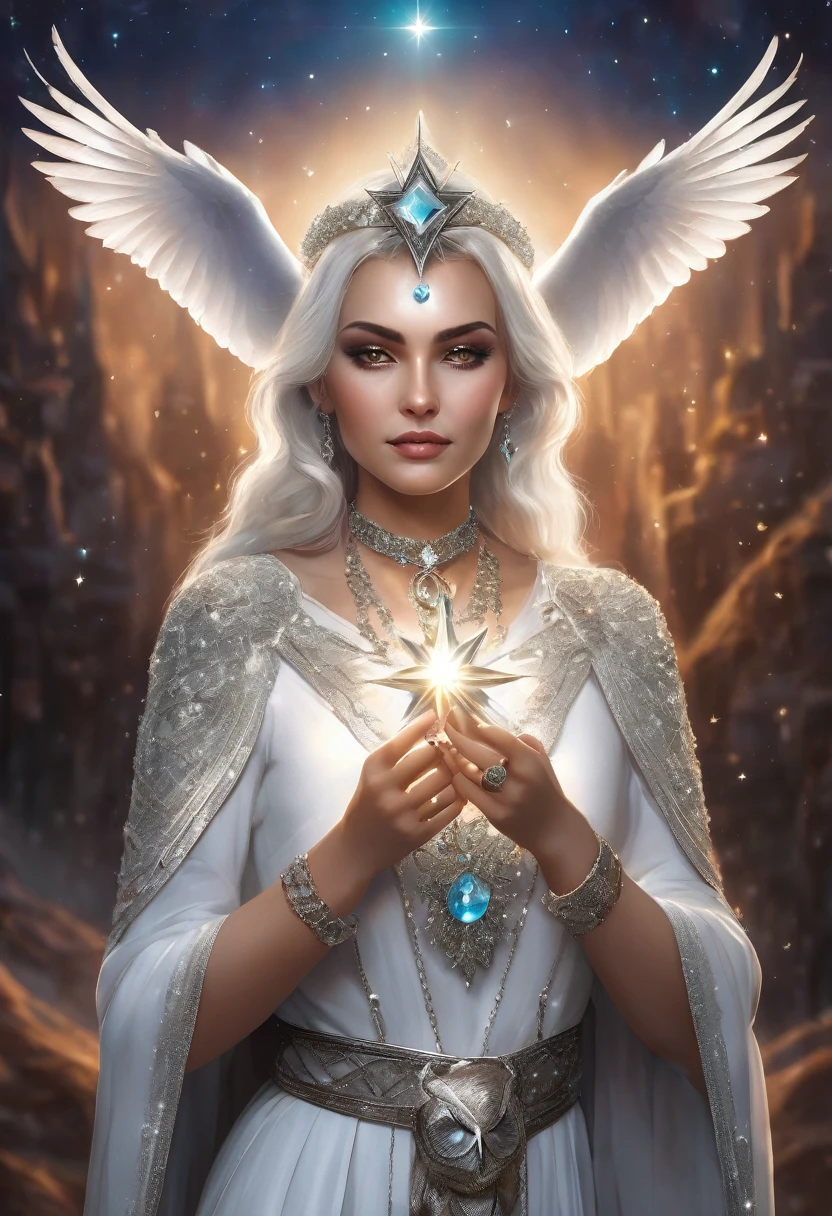 a beautiful woman and powerful witch, holding a shining star in her right hand and a white owl in her left hand, wearing a diamond-shaped crystal necklace, with a white 6-pointed star shining on her head.