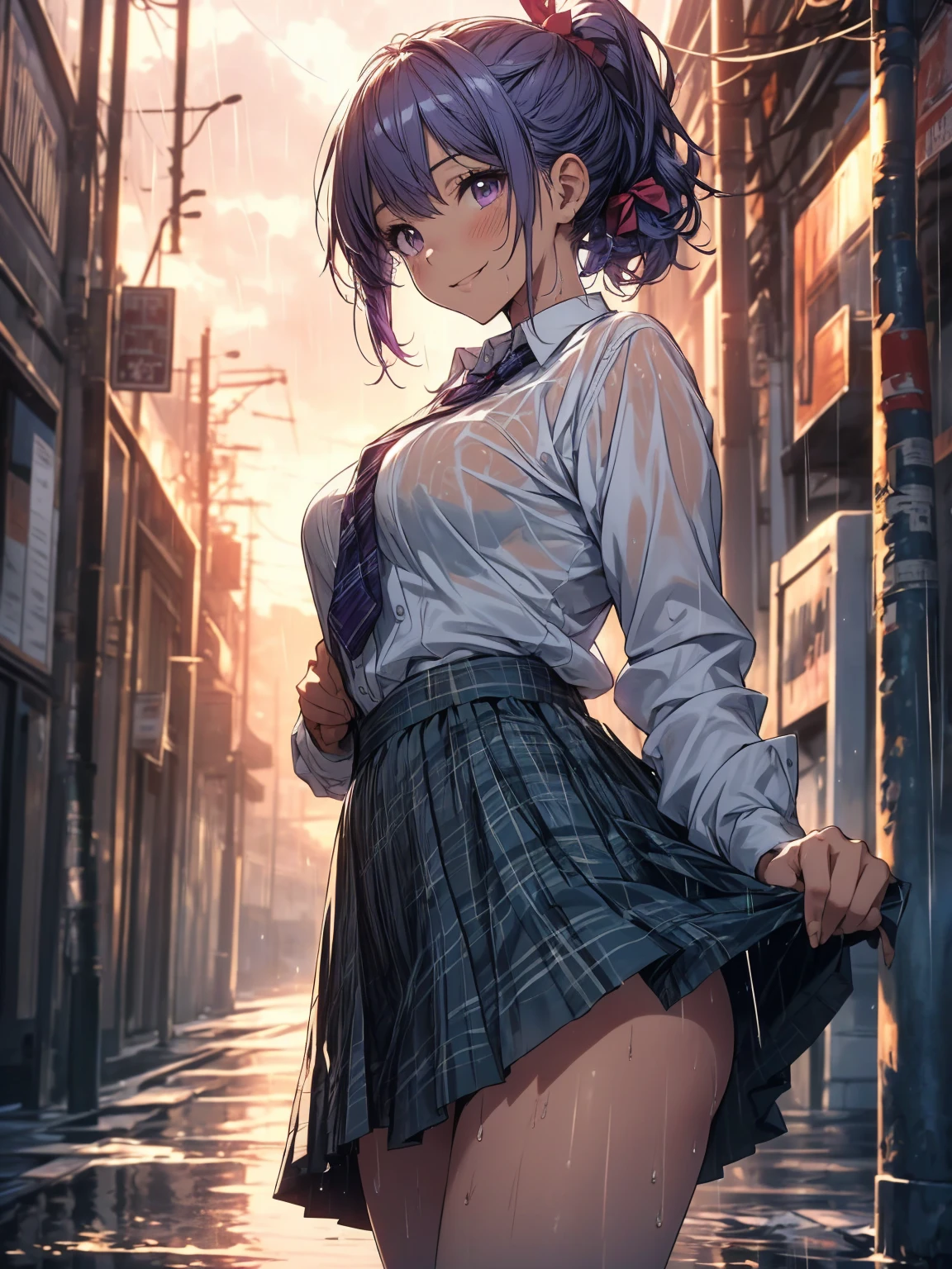 Very detailed, highest quality, masterpiece, gravure body type, medium breasts, moody angle, cowboy shot,( 1girl, solo:1.5), seductive smile, purple eyes, blue hair, short hair, ponytail, white shirt, green plaid skirt, red bow, necktie, purple headdress, purple hair ribbon, detailed panties, checkered panties, unbutton shirt, very detailed background,( school Corridor:1.2),( Skirt rising in the wind, panty shot:1.2), Confident pose,( walking),( Rain clouds, rain:1.2),( wet, wet clothes:1.2)