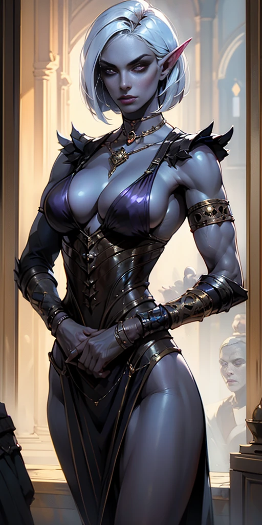 Organized Description
Subject
Female drow elf: Elven character with dark skin
Muscular physique: Strong and toned body
1MILFWOMAN BIMBO aesthetic: Suggestive of a confident, provocative pose
Physical Appearance
White short bob hair: Contrasting with skin tone
Purple-grey skin: Uncommon and striking skin color
Red eyes: Intense and captivating gaze
Muscular legs: Strong and defined lower body
Leather corset and collar choker: Edgy and dominant attire
Golden neck bell: Ornamental and intriguing accessory
Shackles, wristbands, bracers, bracelets, sleeves: Layered and decorative elements
Micro bikini: Revealing and provocative clothing
Pose and Composition
Symmetrical: Balanced and harmonious posture
Both hands on hips: Confident and assertive stance
Wide hips: Emphasized feminine curves
View from below: Creates a powerful and dominant perspective
Background and Style
Plain background: Focuses attention on the subject
Masterpiece quality: High level of detail and artistry