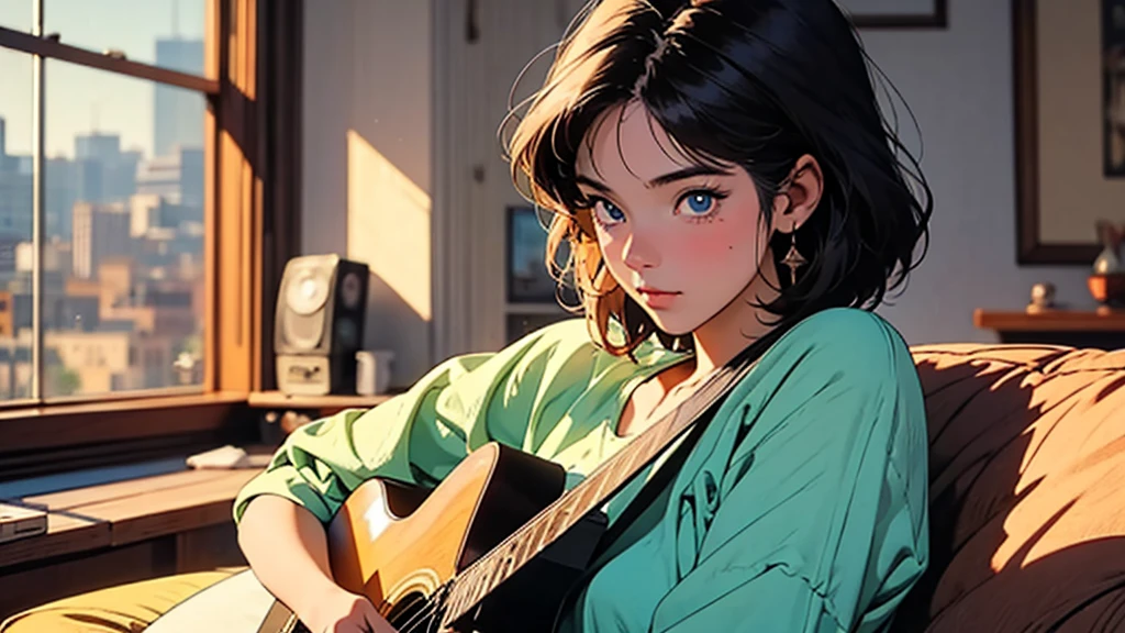 Style: 80s anime style, ultra-high resolution, super detailed, perfect lighting.
Main Character: A girl with short hair, blue eyes, and a small, rounded nose. She is facing forward with her face and torso aligned forward.
Accessory: The girl is holding and playing a guitar.
Setting: The scene is set in a bedroom with a window. Sunlight is coming through the window, illuminating the scene.
Action: The girl is looking at the guitar while her hands are playing it.
Additional Details: The background shows landscapes visible through the window.