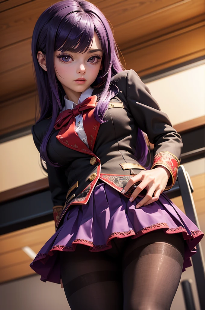 (masterpiece, best quality:1.2),intricate design, (insanely detailed:1.4), (extremely fine details:1.35),masterpiece, best quality, hyper-detailed((masterpiece)), (best quality), (detailed)
ShokoKomidef, purple hair, purple eyes, long hair
, (black pantyhose:1.3),, (school uniform:1.3), red skirt, red bow, (blazer:1.3) (microskirt:1.3)
microskirt, (classroom:1.2)