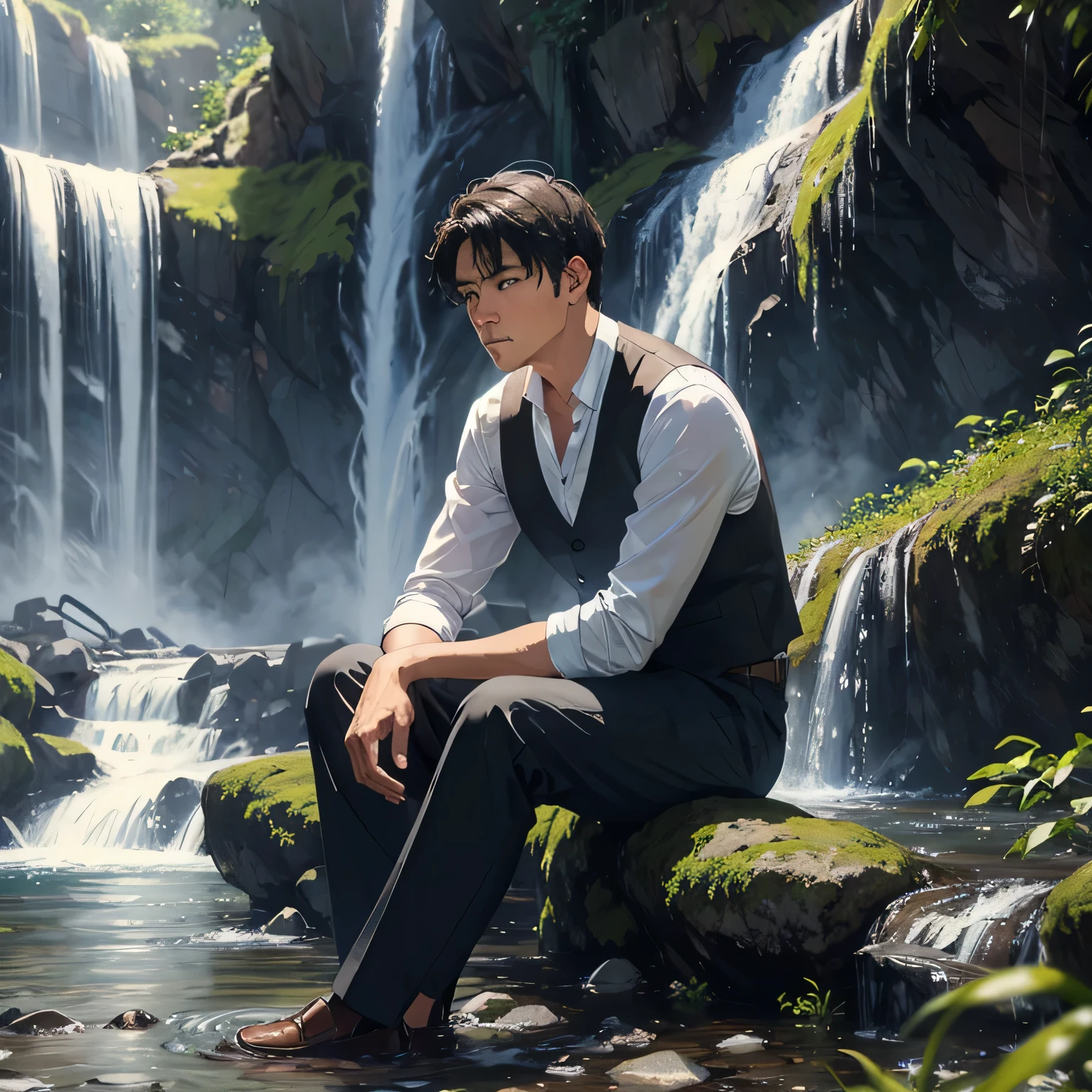homen, sitting next to a waterfall, end of day, Pose of contemplation, very detailed image, with emphasis and close to the man's face, physical characteristic of the guts of the work "beserk" , face similar to guts, dack fantasy clothes and a book in hand