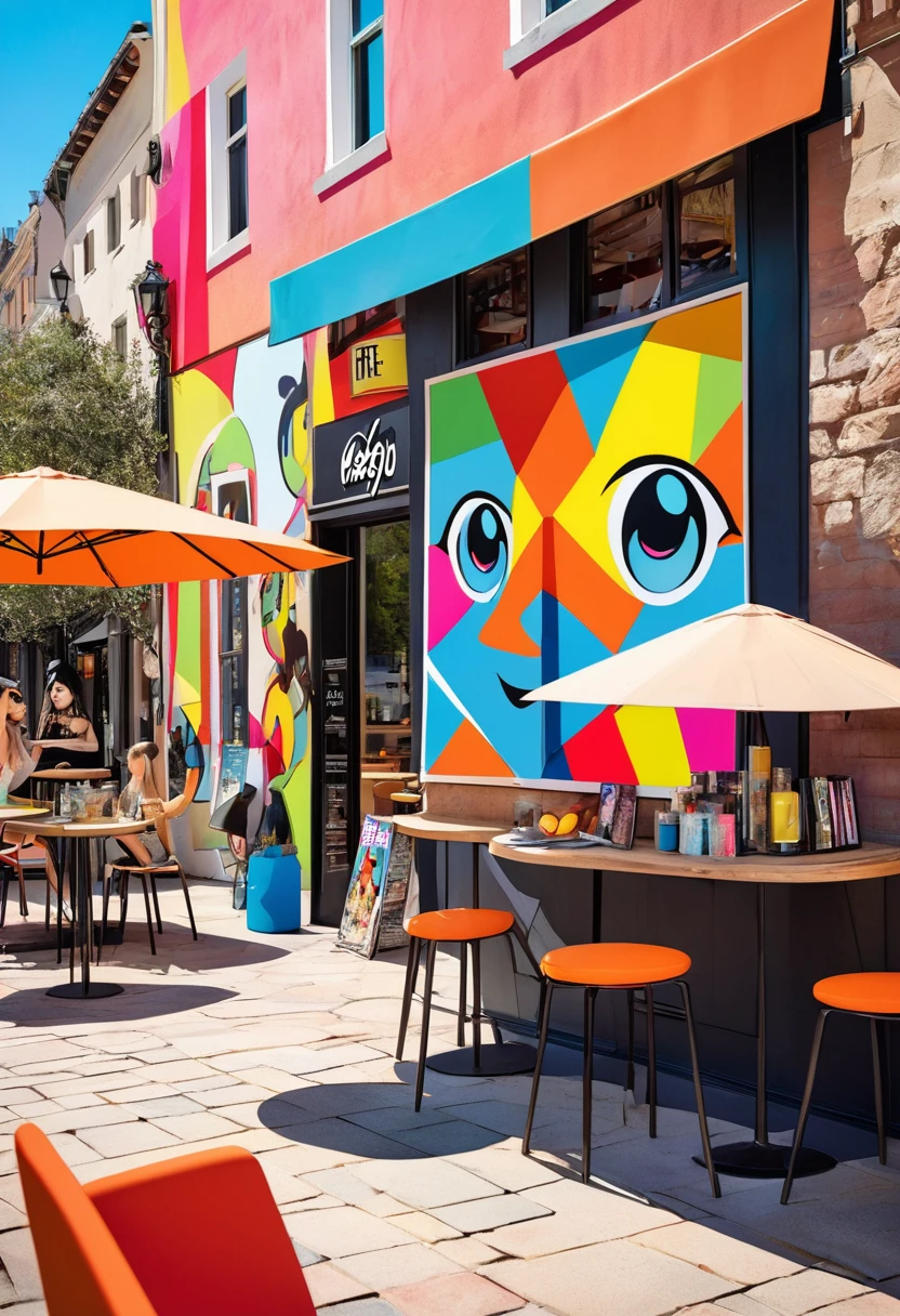 conceptual installation cute pop art, 2.5D, delicate and dynamic, style that combines Disney, Grimm, Aesop and Andersen, fashion model, photographed in front of a cafe terrace, magazine cover-like, shading, colorful patchwork of contrast magic, conceptual installation pop art, abstract effects