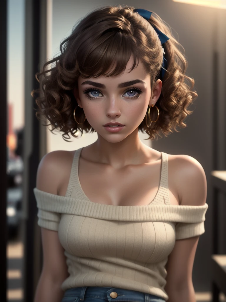 illustration, style of Philip Lorca diCorcia, cinematic film still portrait of young girl aged 18 yrs old, 1girl, solo, Instagram model, athletic figure, pretty face, wearing an off the shoulder brown sweater, wearing jean shorts, light brown hair, short curly hair, crossed bangs, constricted pupils, hair ribbon, hoop earrings, cinematic lighting, Ultra-Wide Angle, Canon, Hyperrealism, UHD, masterpiece, textured skin, high details, best quality, detailed eyes, detailed iris, close up view