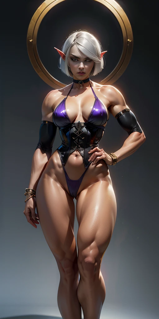 
Organized Description
Subject
Female drow elf: Elven character with dark skin
Muscular physique: Strong and toned body
1MILFWOMAN BIMBO aesthetic: Suggestive of a confident, provocative pose
Physical Appearance
White short bob hair: Contrasting with skin tone
Purple-grey skin: Uncommon and striking skin color
Red eyes: Intense and captivating gaze
Muscular legs: Strong and defined lower body
Leather corset and collar choker: Edgy and dominant attire
Golden neck bell: Ornamental and intriguing accessory
Shackles, wristbands, bracers, bracelets, sleeves: Layered and decorative elements
Micro bikini: Revealing and provocative clothing
Pose and Composition
Symmetrical: Balanced and harmonious posture
Both hands on hips: Confident and assertive stance
Wide hips: Emphasized feminine curves
View from below: Creates a powerful and dominant perspective
Background and Style
Plain background: Focuses attention on the subject
Masterpiece quality: High level of detail and artistry