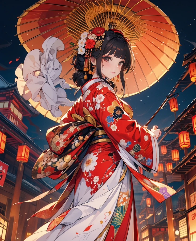 god々しく華やかに飾られたOiran,from behind,whole body,Oiran,kimono,luxurious makeup,(Gorgeous costumes:1.2),(Oiranの髪飾り,Big Barrel),Large umbrella,(Smoke pipe),Osaka Castle seen in the distance,Oiran道中,Night scenery with lanterns lined up,Dynamic movement and powerful brushstrokes、Drawing strokes drawn with rot ring 0,