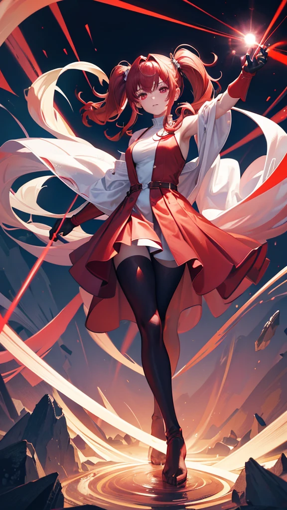 18 years old, red hair, pig tails hair, red eyes, in a full body robe with leggings, masterpiece, high quality, glowing energy ball in right hand, shoulders exposed, gloves, ready to fight pose, 4k, magician, glow effect, red energy intertwined in an atmospheric beauty, crazy glow effect, cinematic atmosphere 