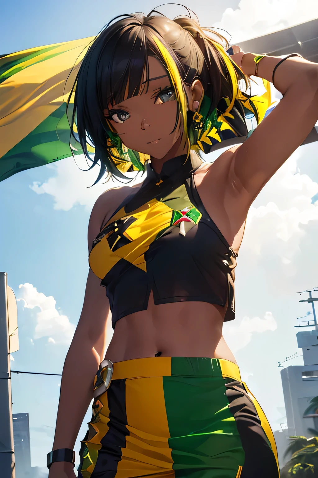 (((Jamaican flag-inspired outfit:1.3))),(((Woman in men's clothing:1.3))),(),(masterpiece,Highest quality,Ultra-high resolution output images,Write boundary depth,Intricate details,Adding dimension to your subject with the contrast of light and shadow,Anatomically correct facial structure),(Picture Mode Ultra HD,)