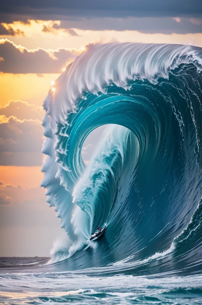 The ship in an ocean with a huge wave on the horizon.