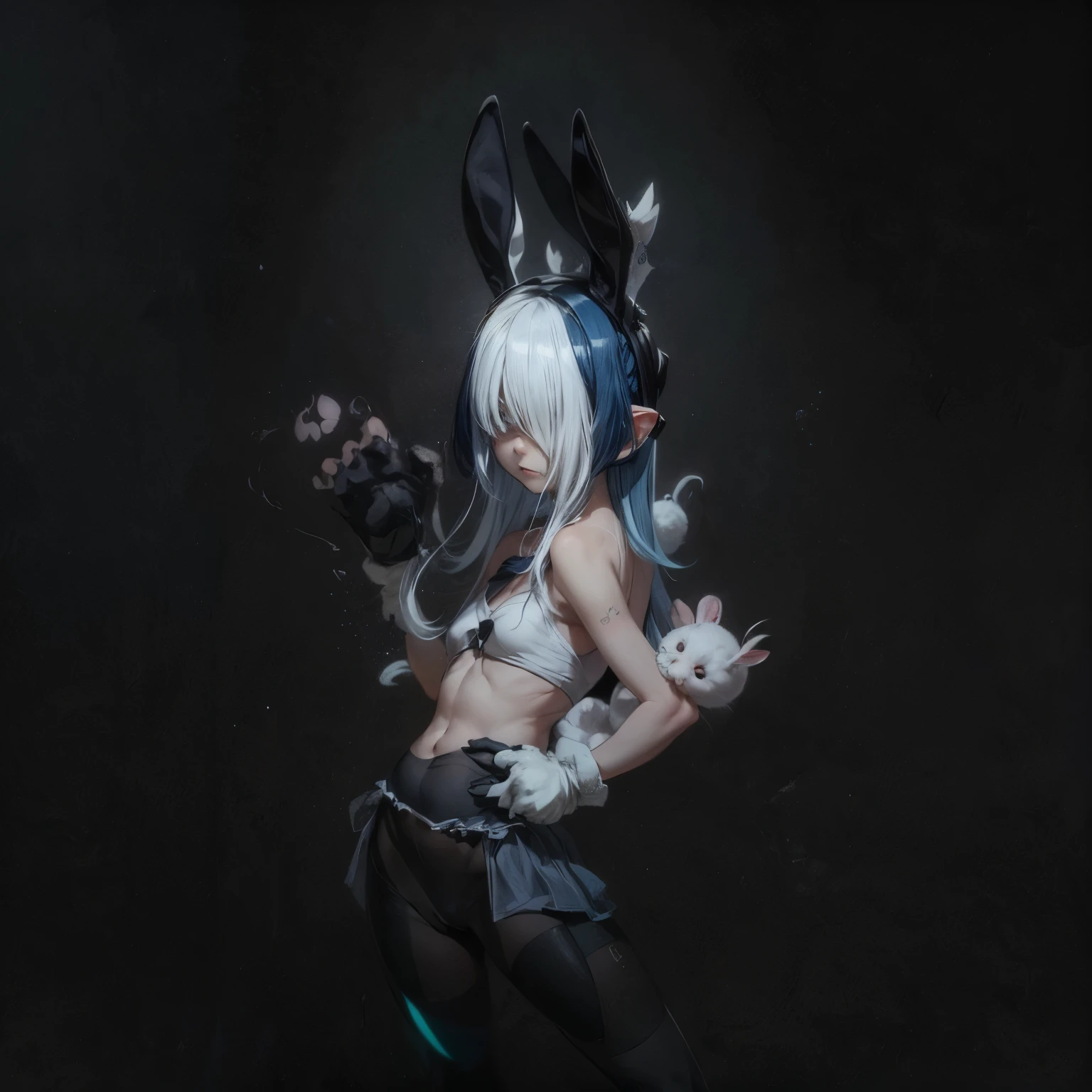 a woman posing with a white bunny shirt and pantyhose, 1girl, animal ears, solo, animal hands,bunny tail,cute,pretty, thighhighs, blue hair, hair over one eye, long hair, gloves, paw gloves, looking at viewer,(cute), ((flat chested, flat stomach, )), (intense colors)