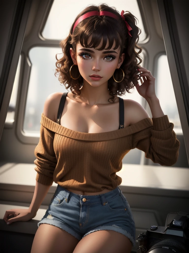 illustration, style of Philip Lorca diCorcia, cinematic film still portrait of young girl aged 18 yrs old, 1girl, solo, Instagram model, athletic figure, pretty face, wearing an off the shoulder brown sweater, wearing jean shorts, light brown hair, short curly hair, crossed bangs, constricted pupils, hair ribbon, hoop earrings, cinematic lighting, Ultra-Wide Angle, Canon, Hyperrealism, UHD, masterpiece, textured skin, high details, best quality, detailed eyes, detailed iris, close up view full body photo