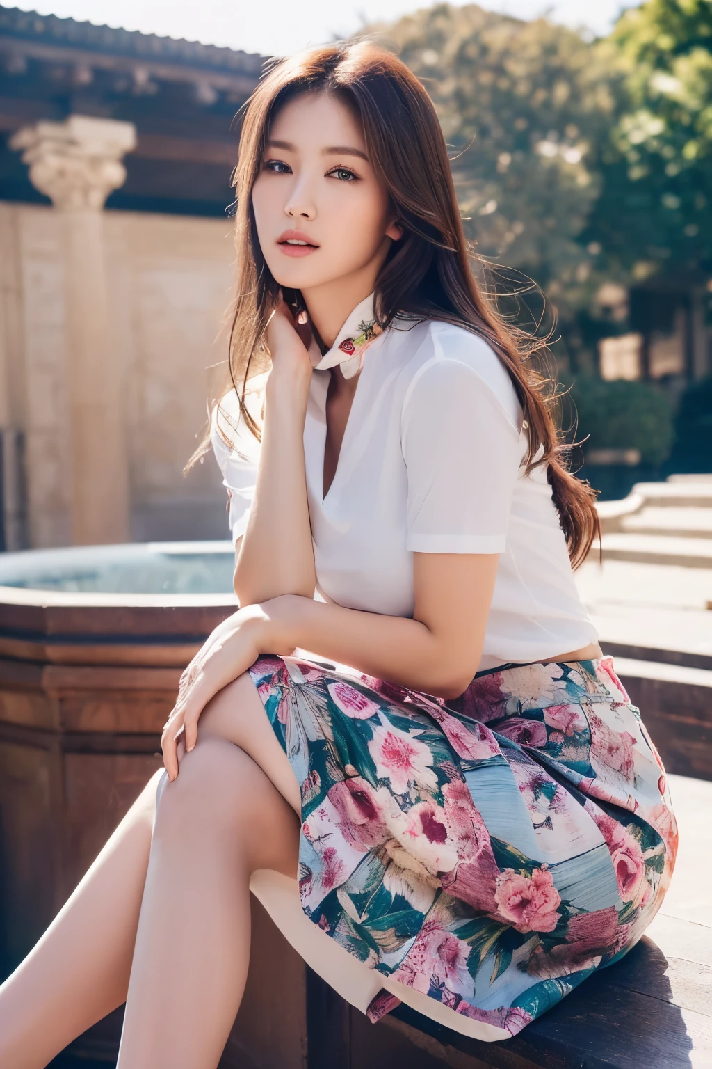 Highest quality、Ultra-high resolution、(Full Body Portrait)、(colored shirt with collar)、(long skirt with floral pattern:1.3)、(silk pantyhose)、High heels、Both legs look beautiful、Sitting pose、1 girl、(Large Breastodern architecture in the background、(((Perfect Anatomy, Perfect body, Perfect hands, Perfect Face, Perfect Eyes, Accurate, Anatomically correct))), Perfectly clear and sharp focus, Highest quality、Ultra-high resolution, masterpiece, Ultra-realistic、Professional Lighting