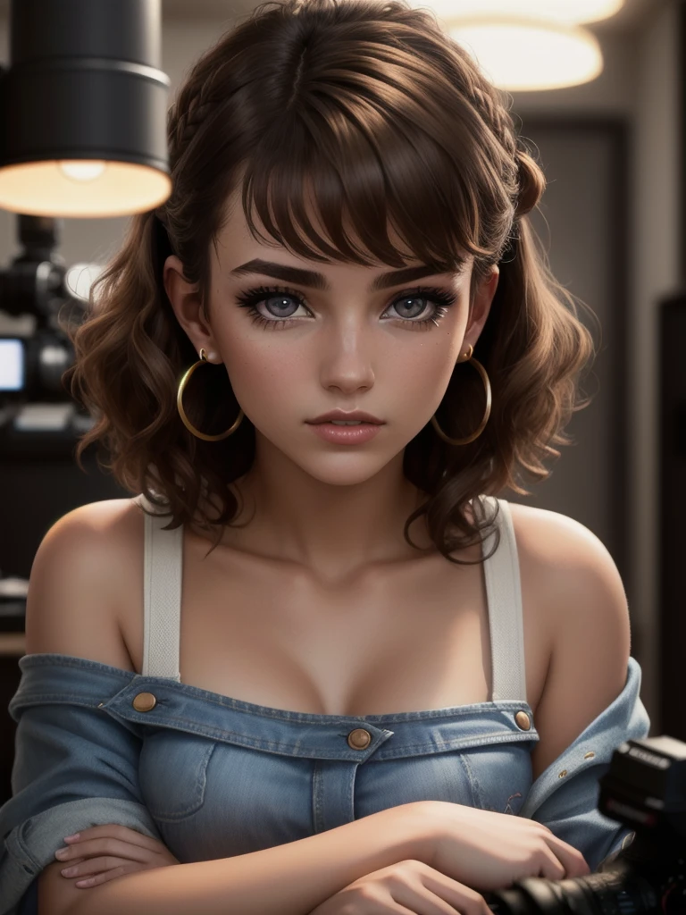 illustration, style of Philip Lorca diCorcia, cinematic film still portrait of young girl aged 18 yrs old, 1girl, solo, Instagram model, athletic figure, deep cleavage, modest bust size, pretty face, wearing an off the shoulder brown sweater, wearing jean shorts, light brown hair, short curly hair, crossed bangs, brown eyes, constricted pupils, hair ribbon, hoop earrings, cinematic lighting, Ultra-Wide Angle, Canon, Hyperrealism, UHD, masterpiece, textured skin, high details, best quality, detailed eyes, detailed iris, close up view