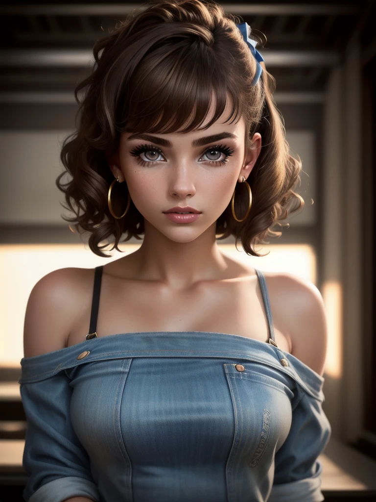 illustration, style of Philip Lorca diCorcia, cinematic film still portrait of young girl aged 18 yrs old, 1girl, solo, Instagram model, athletic figure, pretty face, wearing an off the shoulder brown sweater, wearing jean shorts, light brown hair, short curly hair, crossed bangs, constricted pupils, hair ribbon, hoop earrings, cinematic lighting, Ultra-Wide Angle, Canon, Hyperrealism, UHD, masterpiece, textured skin, high details, best quality, detailed eyes, detailed iris, close up view
